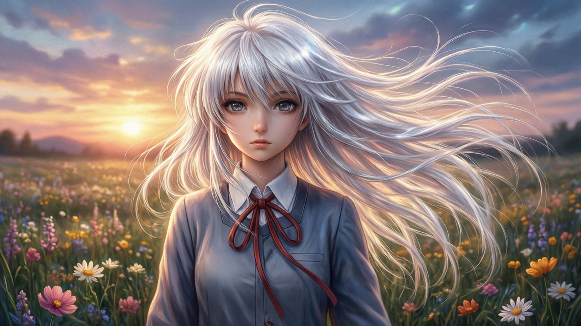 夕陽下的花田芙蕾雅 壁紙 — 一位銀髮動漫少女穿著校服，站在夕陽下陽光明媚、色彩繽紛的野花田中。