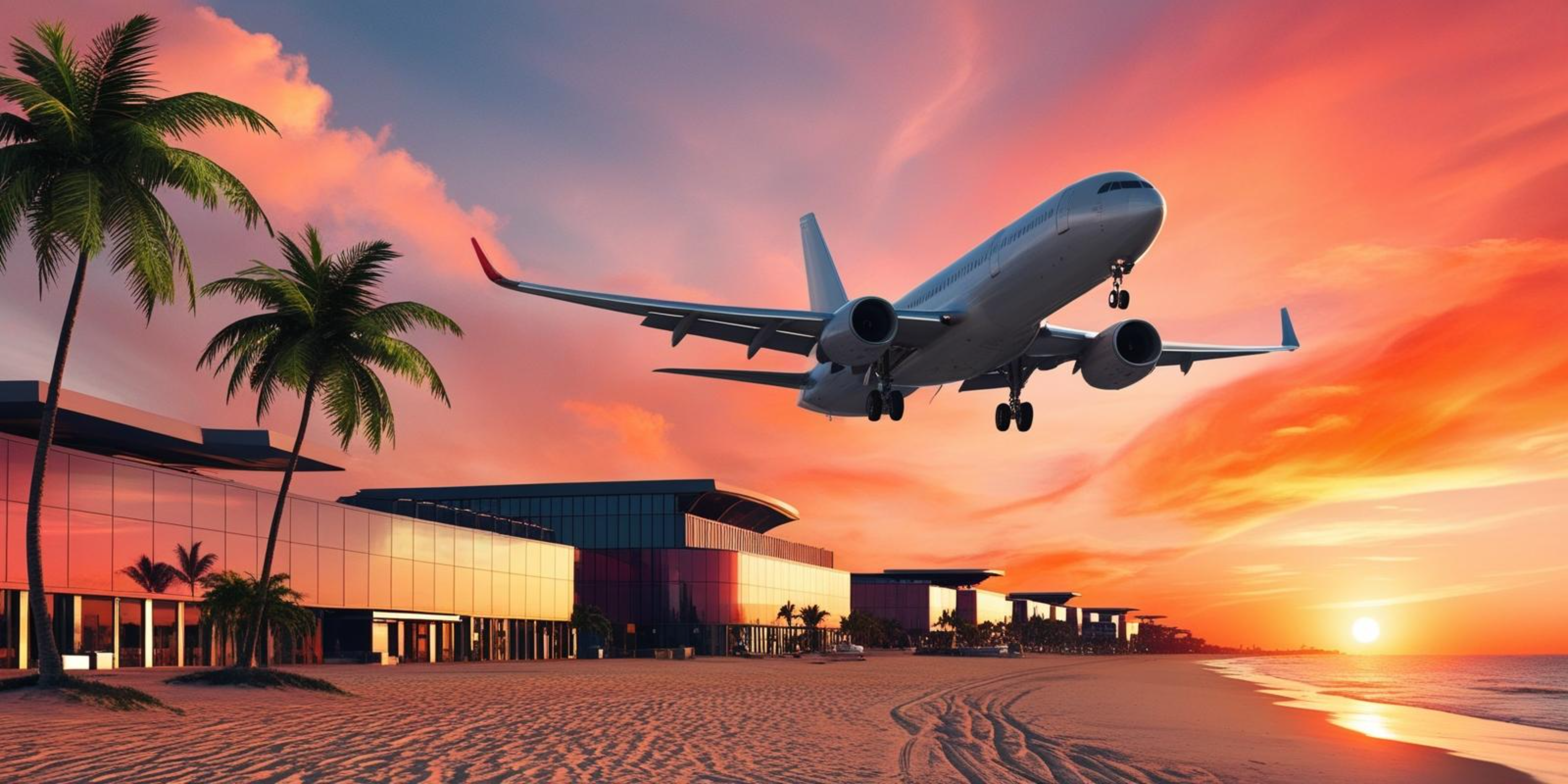 夕陽下飛機降落 壁紙 — 一架商用飛機正降落到現代化的海灘機場，夕陽在棕櫚樹後方呈現火熱的橙色和粉紅色調。
