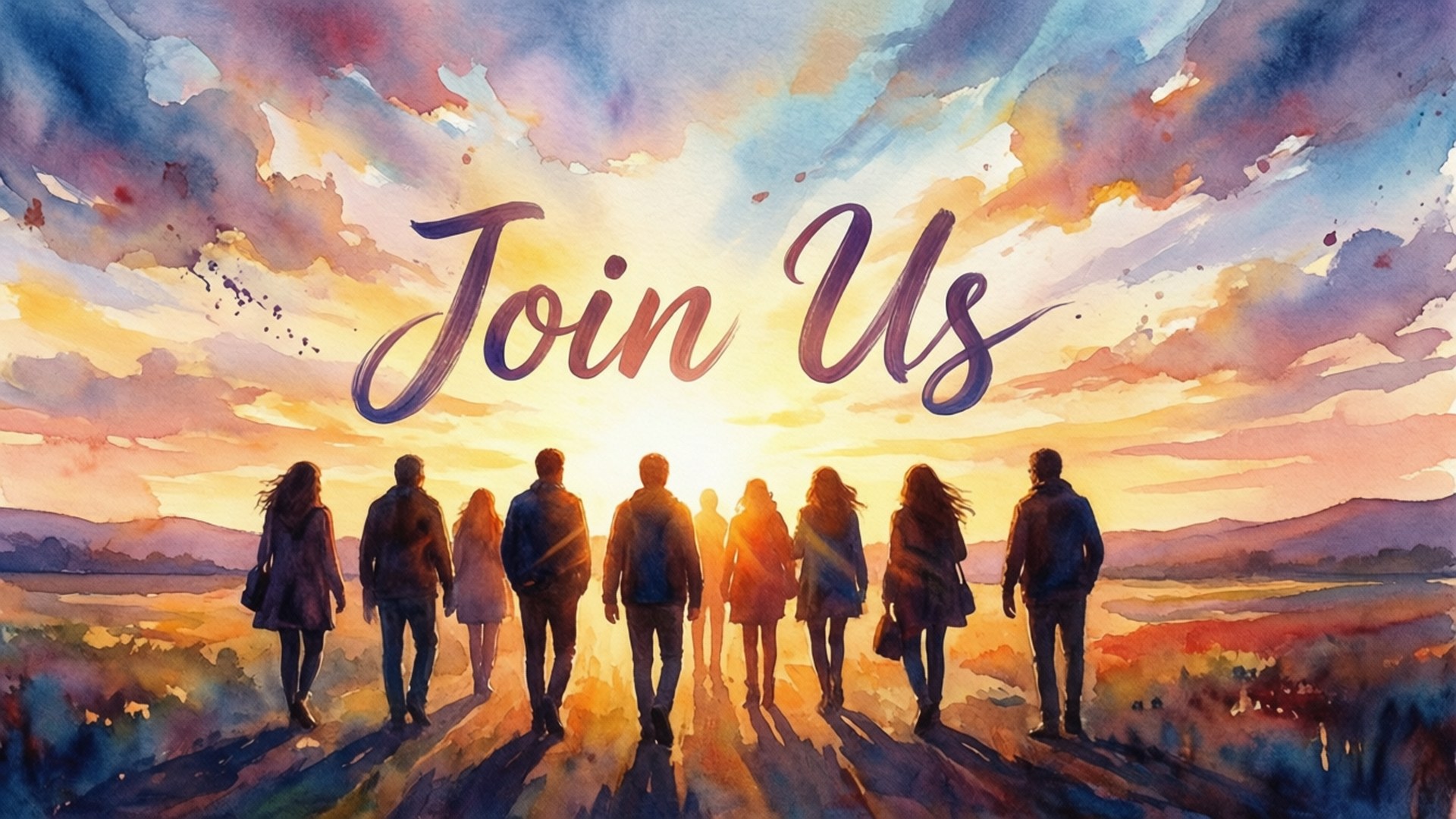 一群人走向日落，上方有「Join Us」文字。