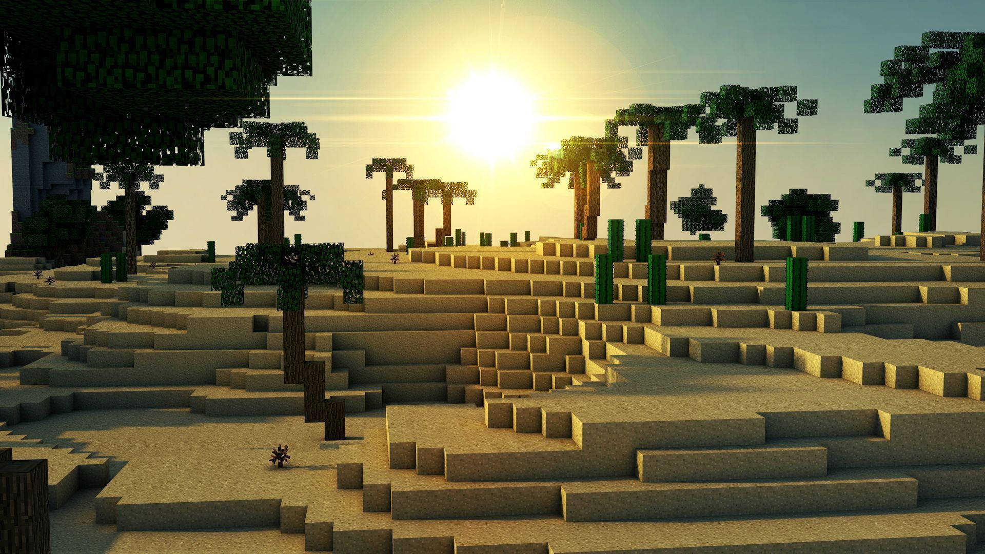 Tree 桌布 壁紙 — 夕陽以溫暖的光芒沐浴著方塊狀的Minecraft稀樹草原，像素化的樹木矗立在梯田狀的土地上。