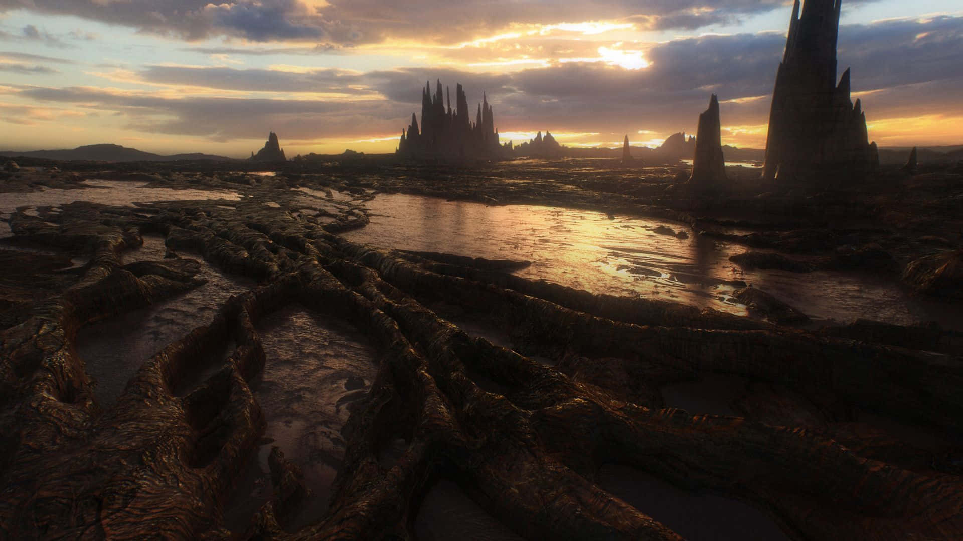 Geomorphology 桌布 壁紙 — 夕陽以溫暖的金色光芒沐浴著一個超現實的外星景觀，其中有鋸齒狀的岩石 formations 和反射池。