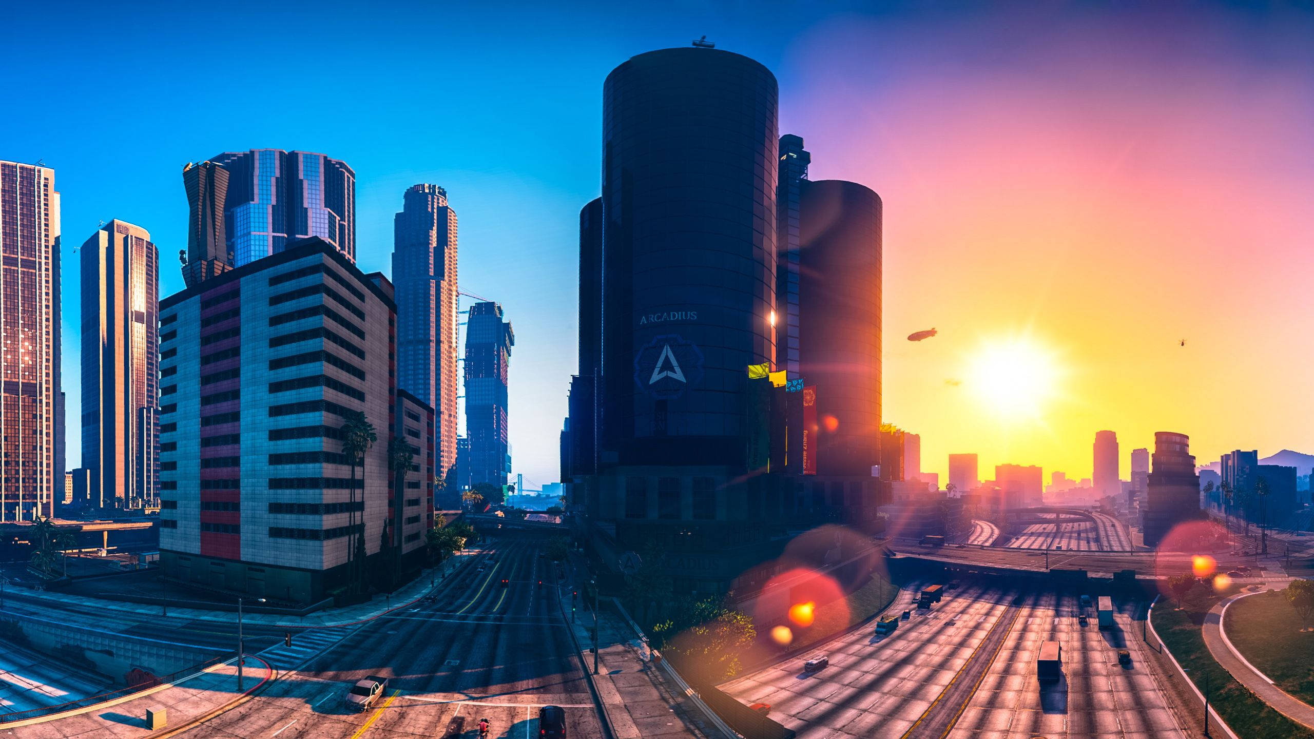 Gta 桌布 壁紙 — 夕陽以溫暖色調沐浴著未來主義的城市景觀，高聳的摩天大樓和高速公路延伸至地平線。