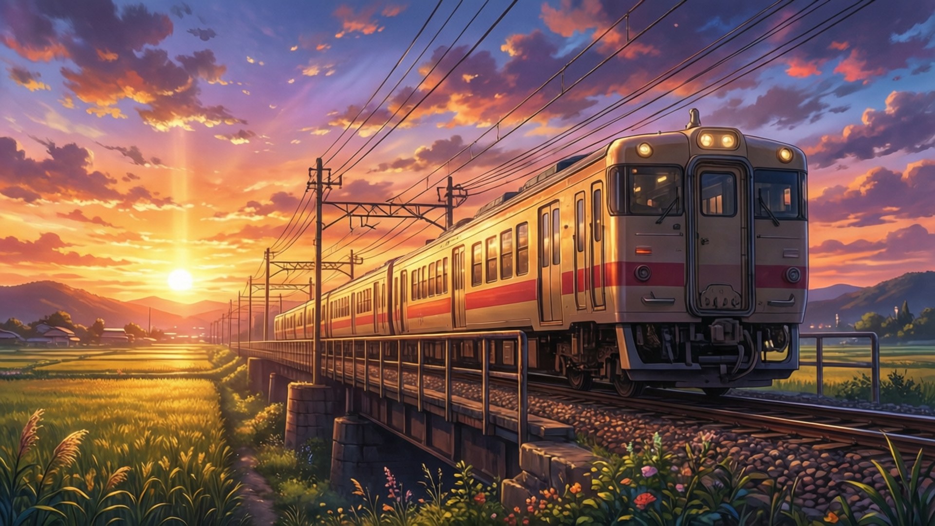 夕陽列車 壁紙 — 一列火車在日落時分穿越金色田野上的石橋，上方有鮮豔的橙色、紫色和粉紅色雲彩。