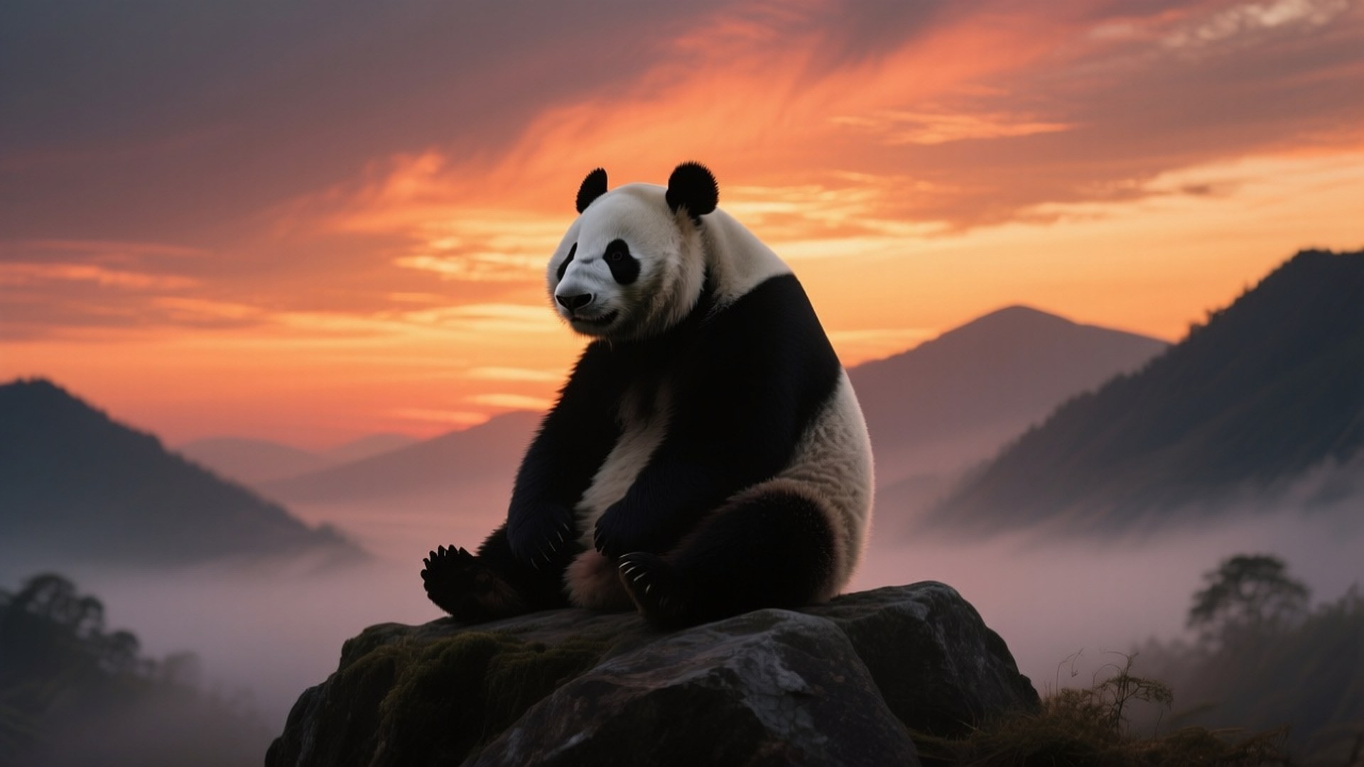 一隻大熊貓坐在岩石上，俯瞰霧氣繚繞的山巒，背景是鮮豔的橙色日落。