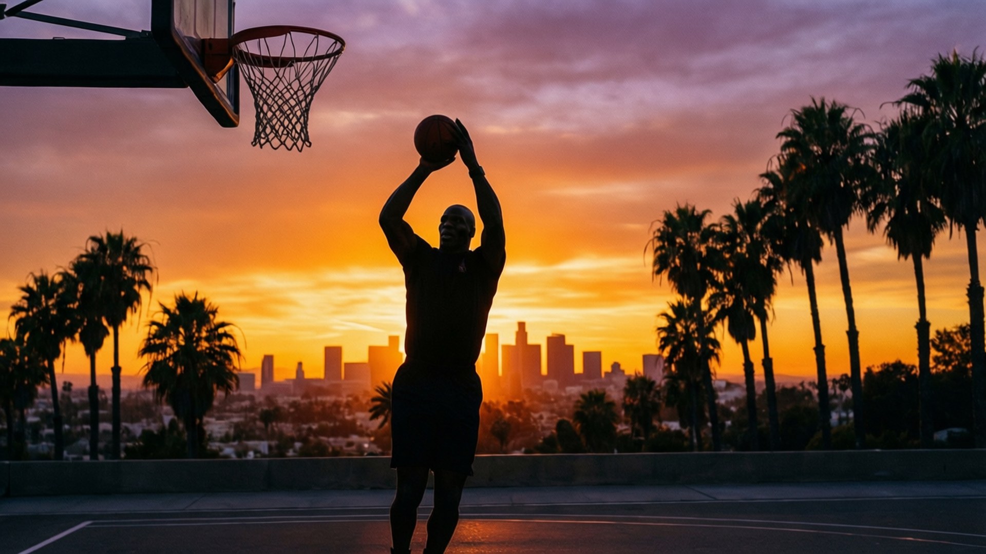 籃球運動員在日落城市景觀中投籃的剪影，伴有棕櫚樹。