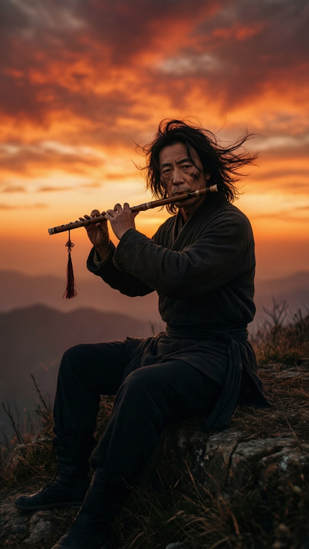 身穿深色長袍的男人在火紅日落中於峭壁上吹奏長笛，風吹動他的頭髮