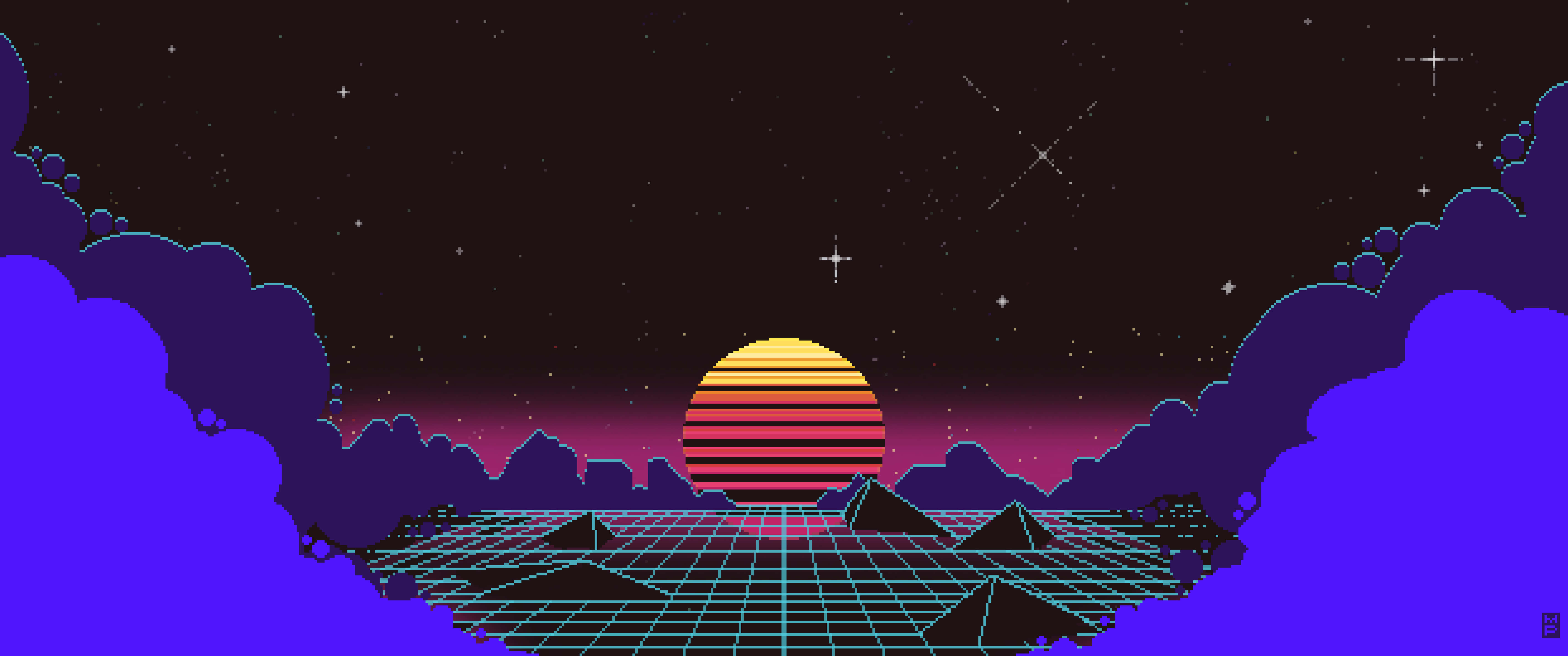 夕陽喚起對悠閒生活的懷舊之情 壁紙 — 一個復古未來主義的日落，條紋橙色太陽在發光的網格景觀上，被紫色雲朵環繞。