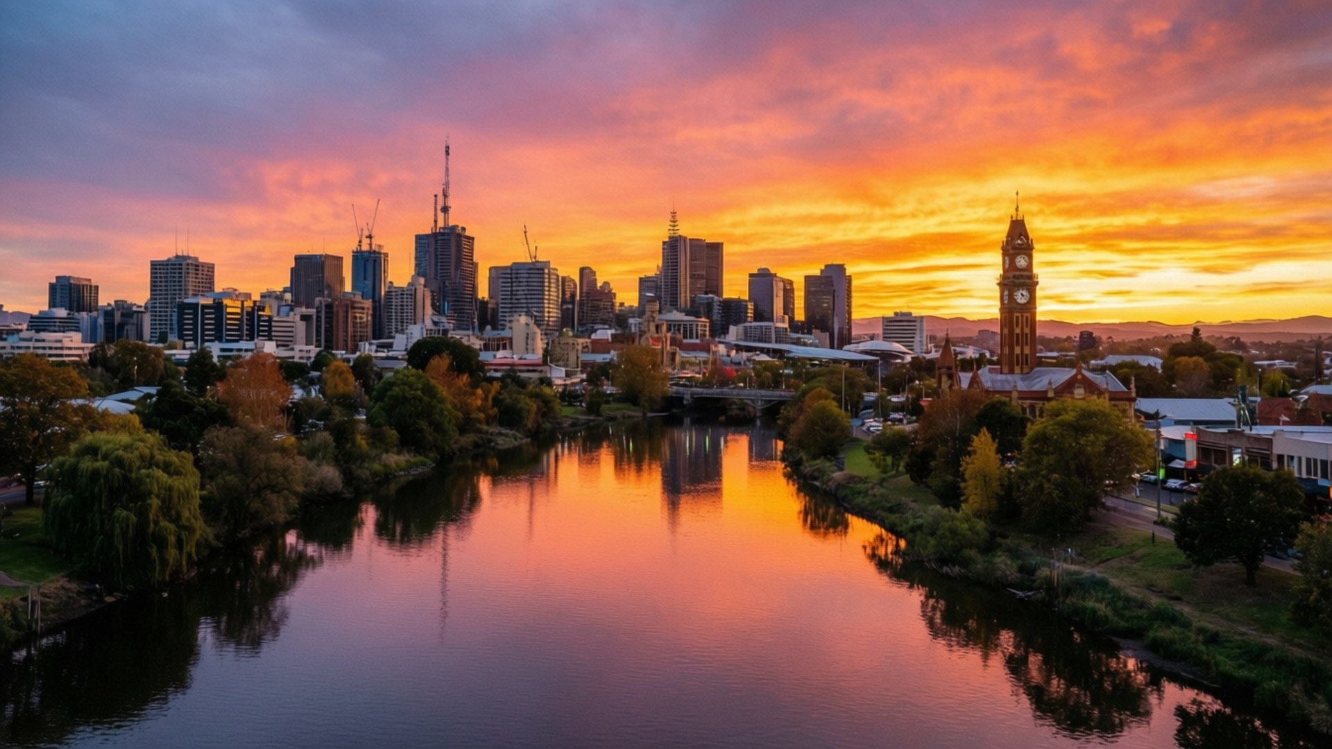 夕陽城市天際線 壁紙 — 充滿活力的夕陽以火熱的橙色和粉紅色調描繪城市天際線和河流，雲彩劃過天空。