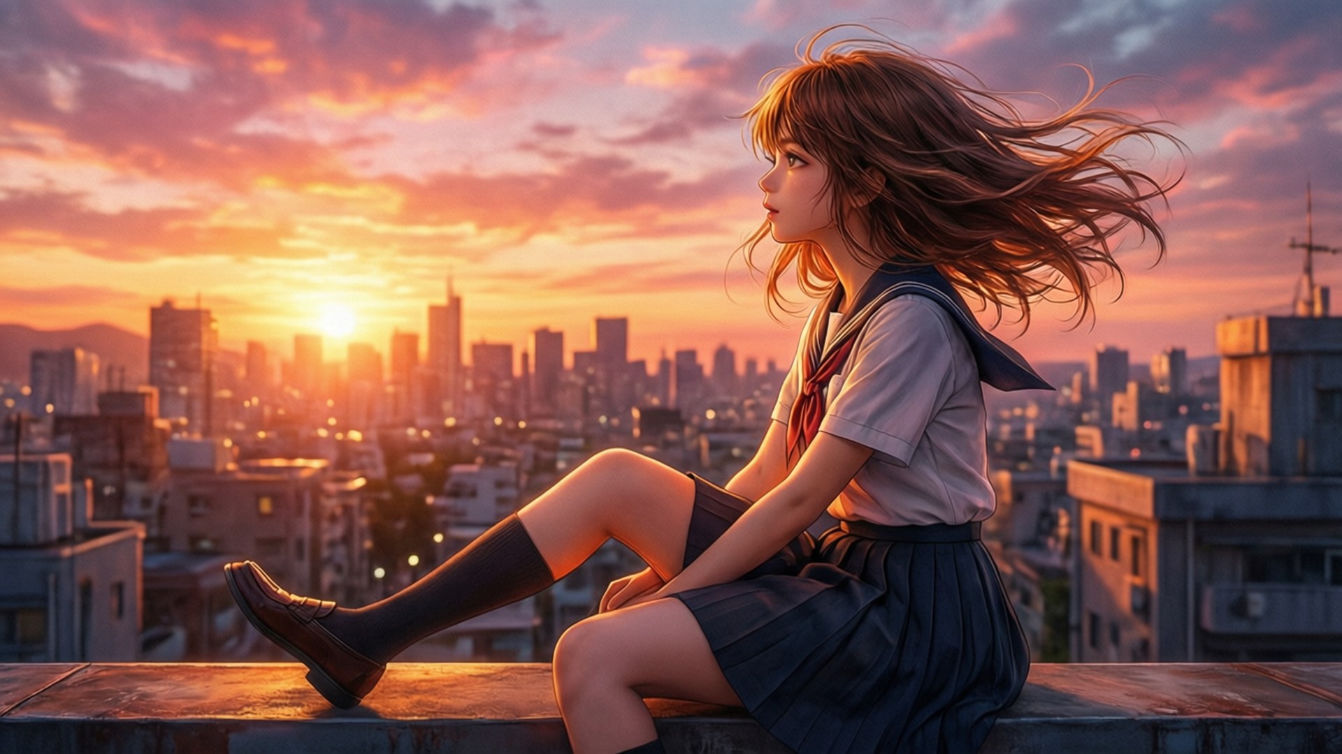 夕陽天台凝望 壁紙