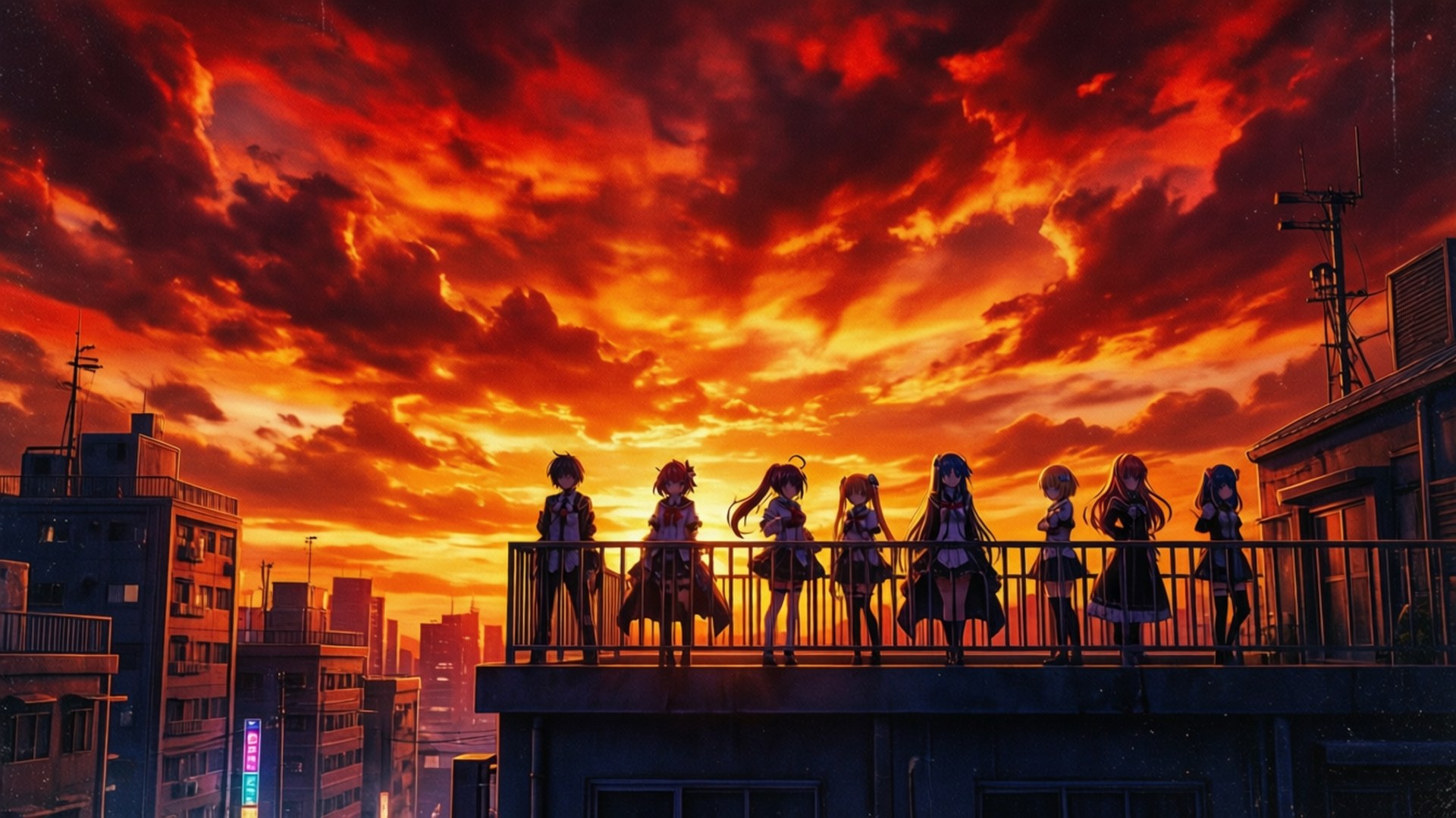 夕陽天台蒸汽波 壁紙 — 七個動漫女孩以剪影形式站在屋頂欄杆上，背景是城市景觀上空火紅的橙色和紅色日落天空。