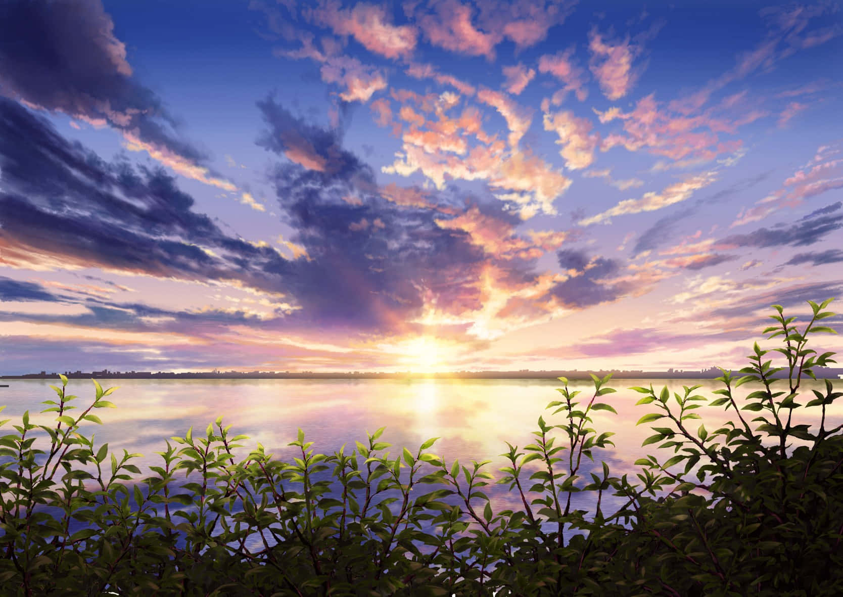Anime Sunset 桌布 壁紙 — 夕陽將天空和水面染成火熱的橙色和紫色，綠色樹葉框住寧靜的地平線。