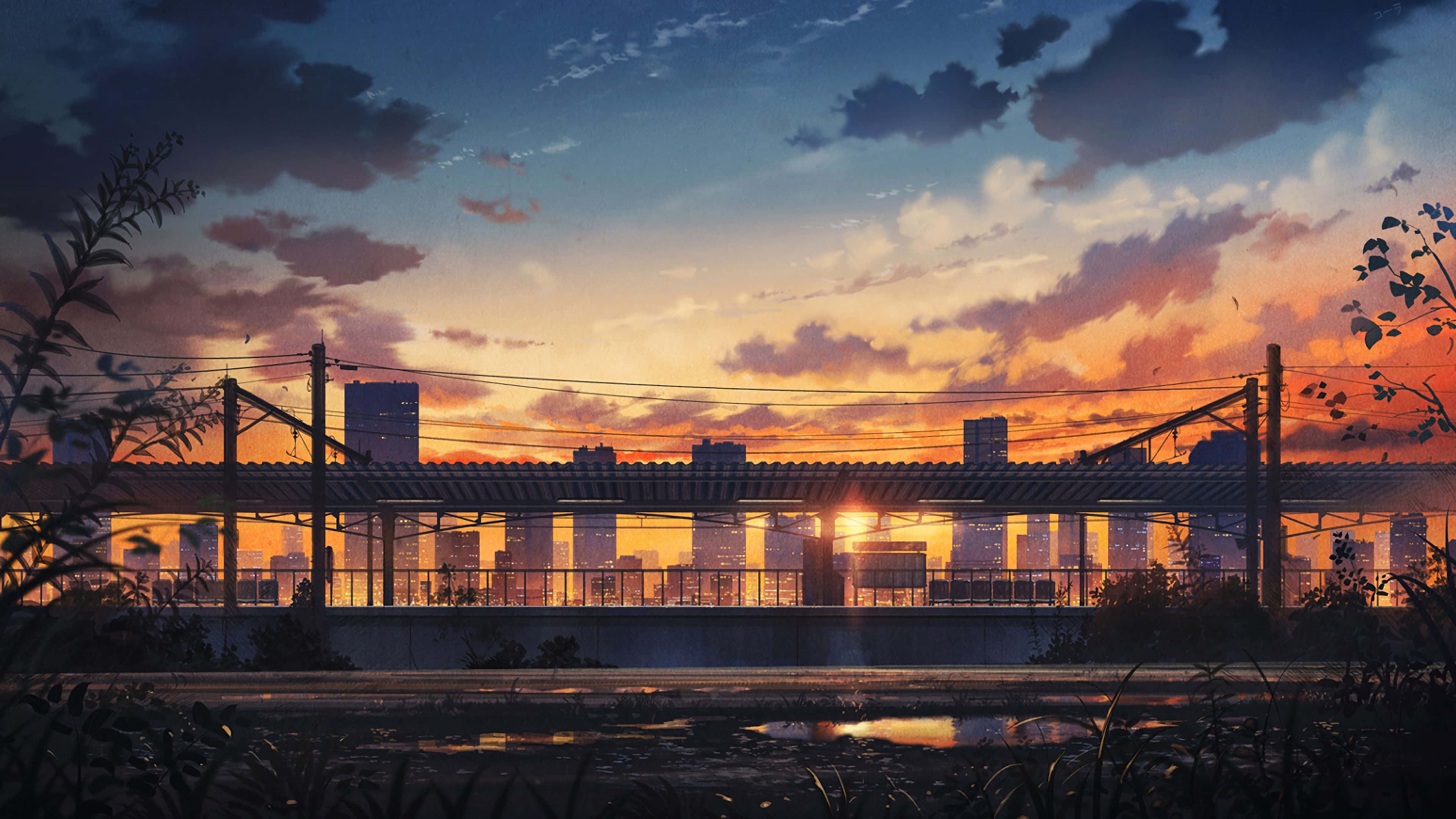 Anime Sunset 桌布 壁紙 — 夕陽將天空染成橙色和紫色，一條火車橋橫跨寧靜的濕地，遠處的城市建築閃爍著光芒。