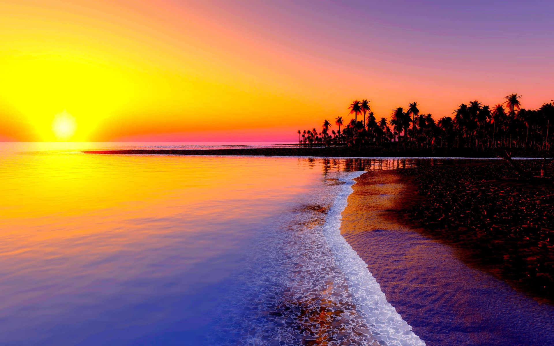 Seashore 桌布 壁紙 — 夕陽將天空染成橙色和紫色，海浪輕輕拍打著棕櫚樹成蔭的沙灘。
