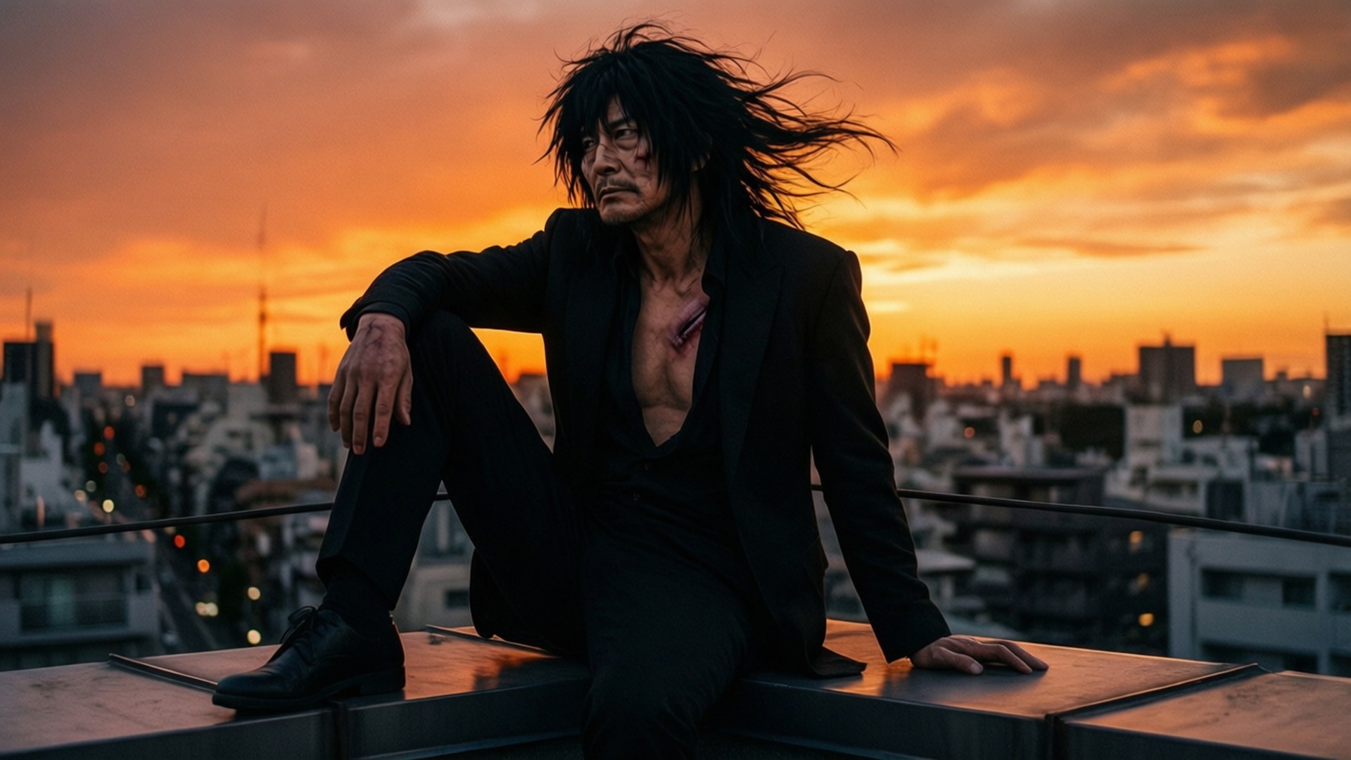 夕陽屋頂 壁紙 — 一個粗獷的動漫男人，黑色亂髮，坐在日落時分的屋頂上，俯瞰著橙色天空下的城市景觀，胸口有一道可見的傷口。