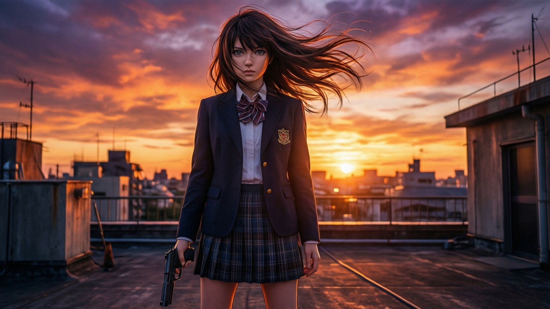 夕陽屋頂對峙 壁紙 — 一個堅定的動漫女孩穿著校服，在天台上拿著槍，身後是火紅的夕陽映照著城市天際線。