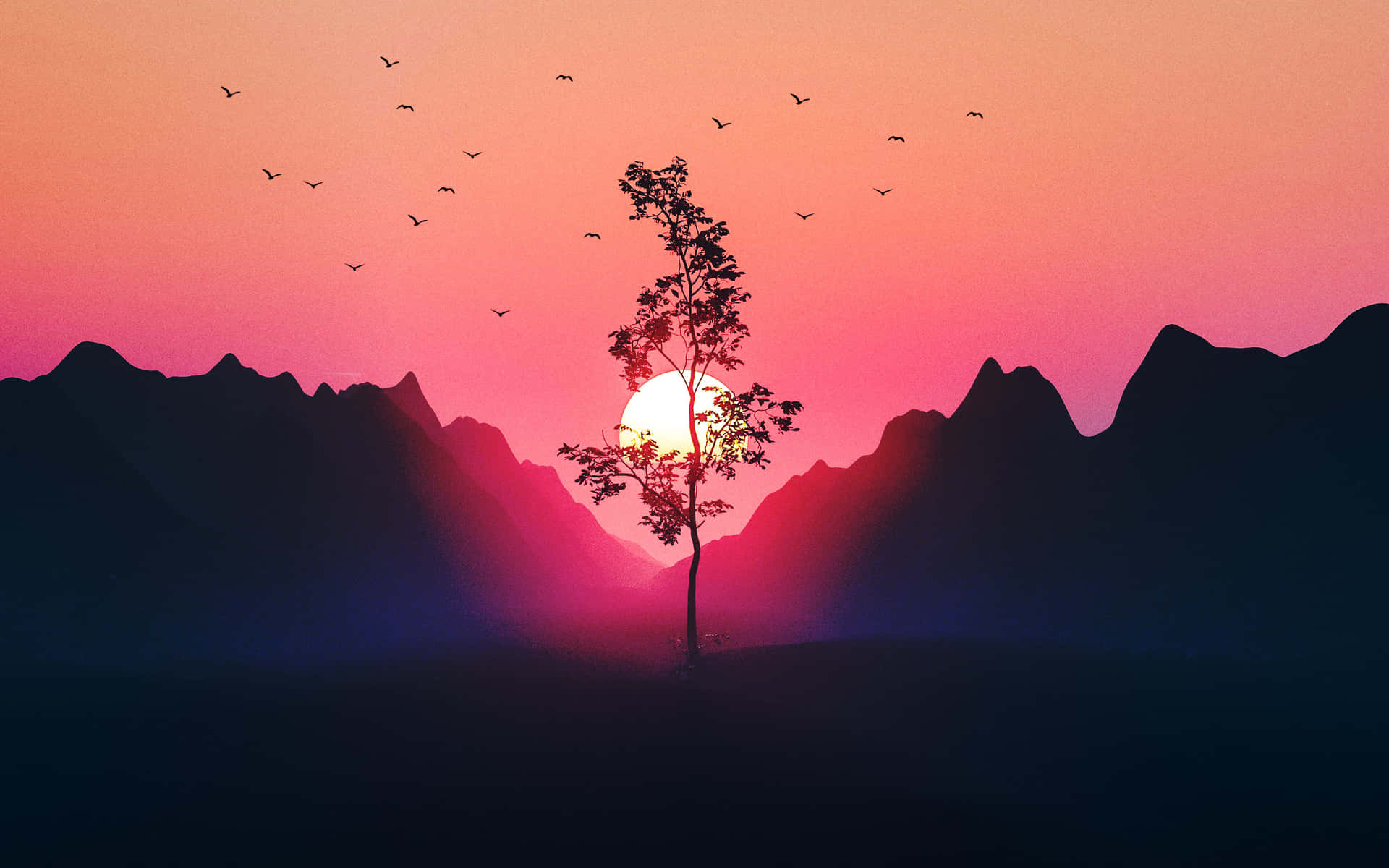 夕陽山景剪影 壁紙 — 一棵孤樹在崎嶇山巒之間，以鮮豔的粉紅和橙色日落為背景，呈現剪影，鳥兒在頭頂飛翔。