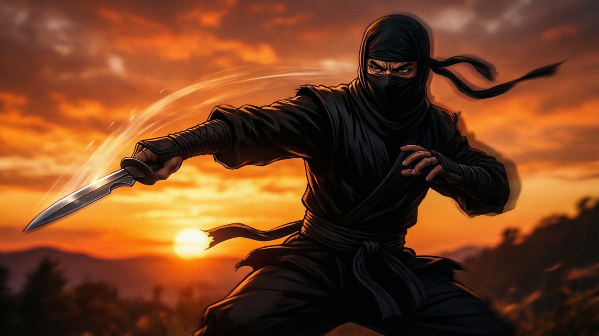 黑衣忍者戰士在夕陽下揮舞刀刃。