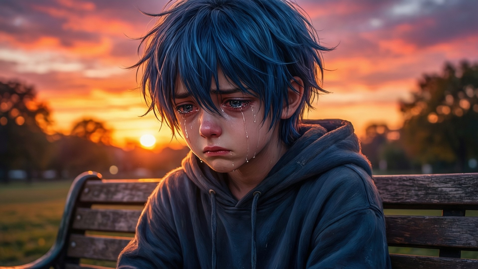 夕陽悲傷 壁紙 — 一個藍髮動漫男孩獨自坐在公園長椅上哭泣，夕陽在他身後以火熱的橙色和粉紅色調落下。