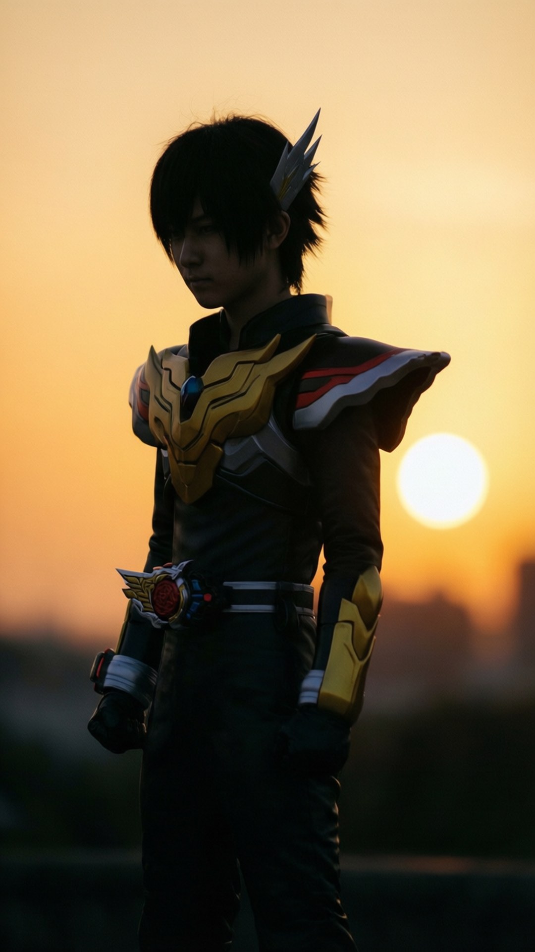 夕陽戰士 壁紙 — 一個穿著精細金色和黑色盔甲服裝的人，在燦爛的夕陽下以剪影站立，背後有明亮的太陽。