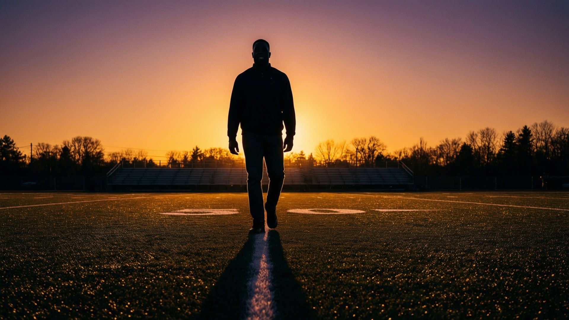 夕陽戰士 壁紙 — 一個孤獨的身影在日落時分穿過陽光照耀的足球場，背景有看台和光禿禿的樹木。
