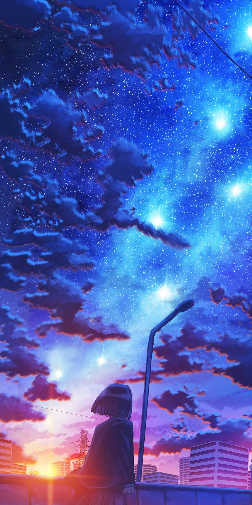 動漫女孩站在城市屋頂上，看著暮色天空中閃爍的星星。