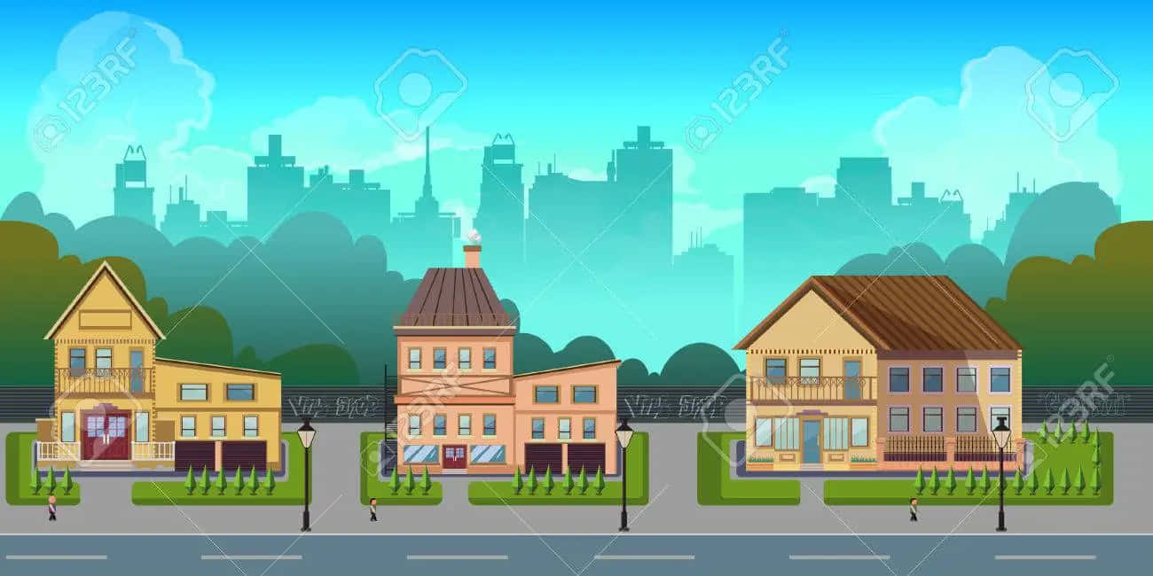 夕陽映照下的壯麗城市景觀 壁紙 — 色彩繽紛的卡通房屋排列在街道上，背景是朦朧的城市天際線，上方是明亮的藍天。