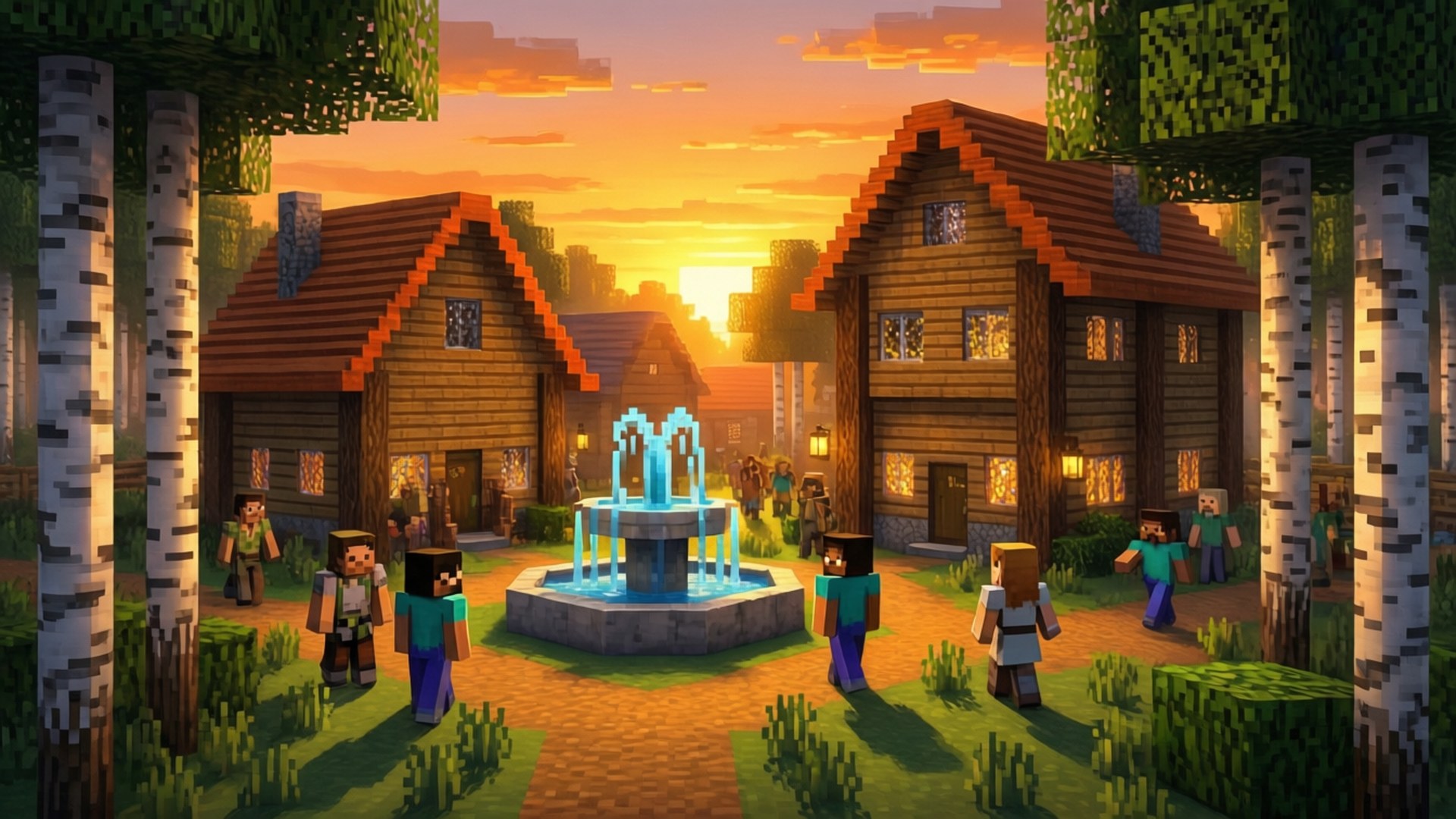 夕陽村莊畫作 壁紙 — Minecraft村莊在日落時分，像素化的村民聚集在木屋之間發光的噴泉周圍。