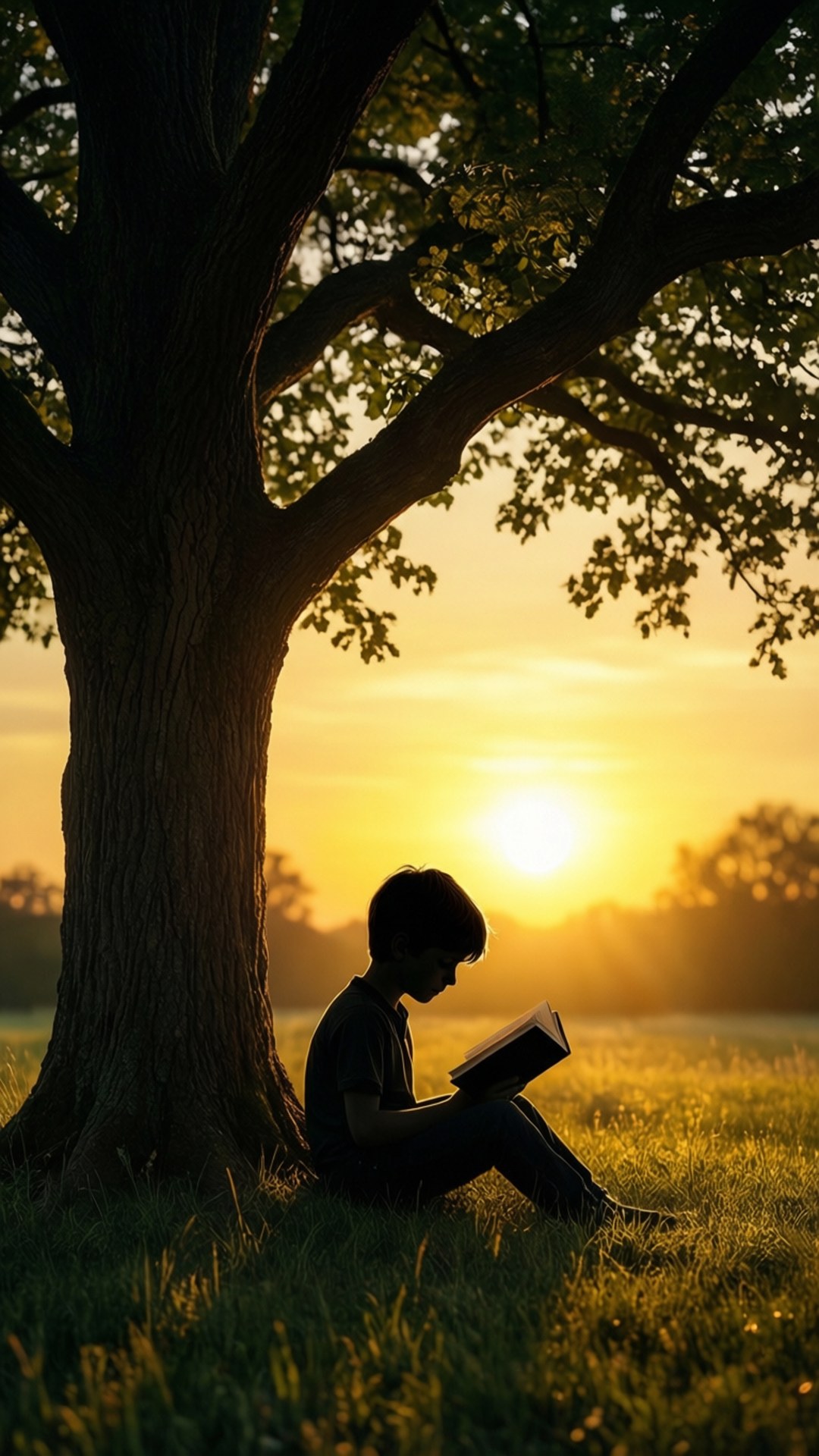 孩子在日落時分在樹下看書