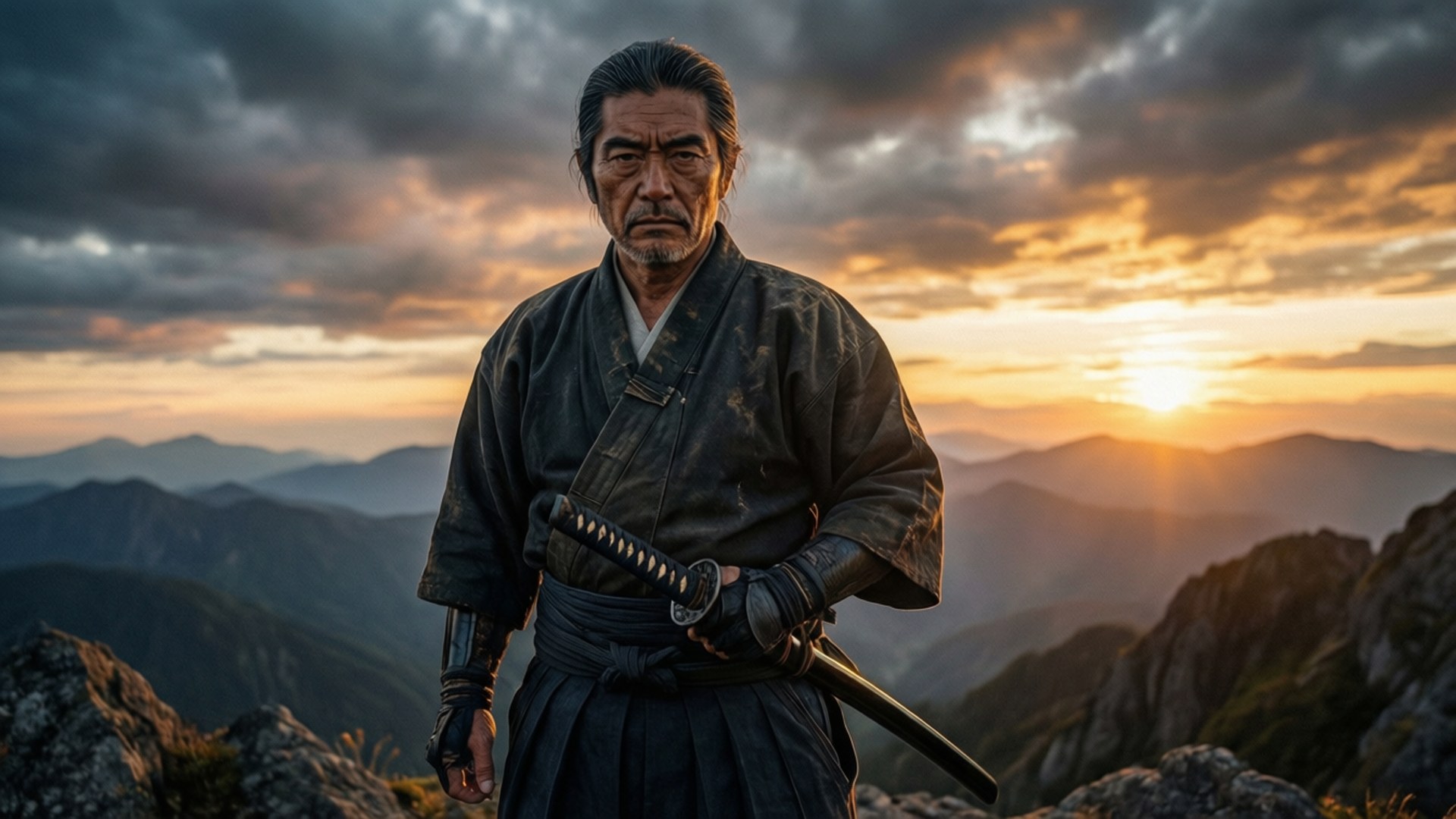 夕陽武士 壁紙 — 一個嚴肅的武士站在日落時分的山脊上，手持武士刀，映襯著戲劇性的天空。
