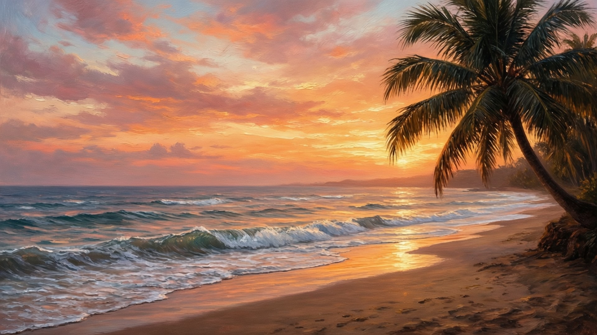 夕陽海灘寧靜 壁紙 — 熱帶海灘日落，金色海浪拍打沙灘，天空呈現火橙色和粉紅色，由傾斜的棕櫚樹框住。