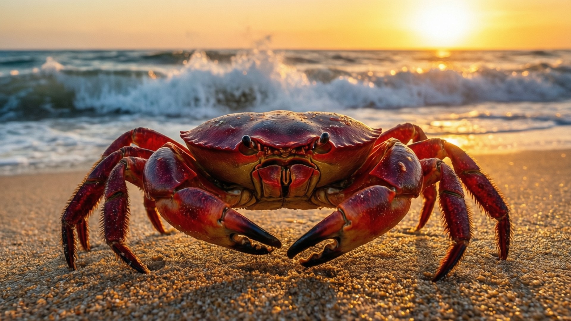 金色夕陽與拍打海浪的沙灘上的紅色螃蟹。