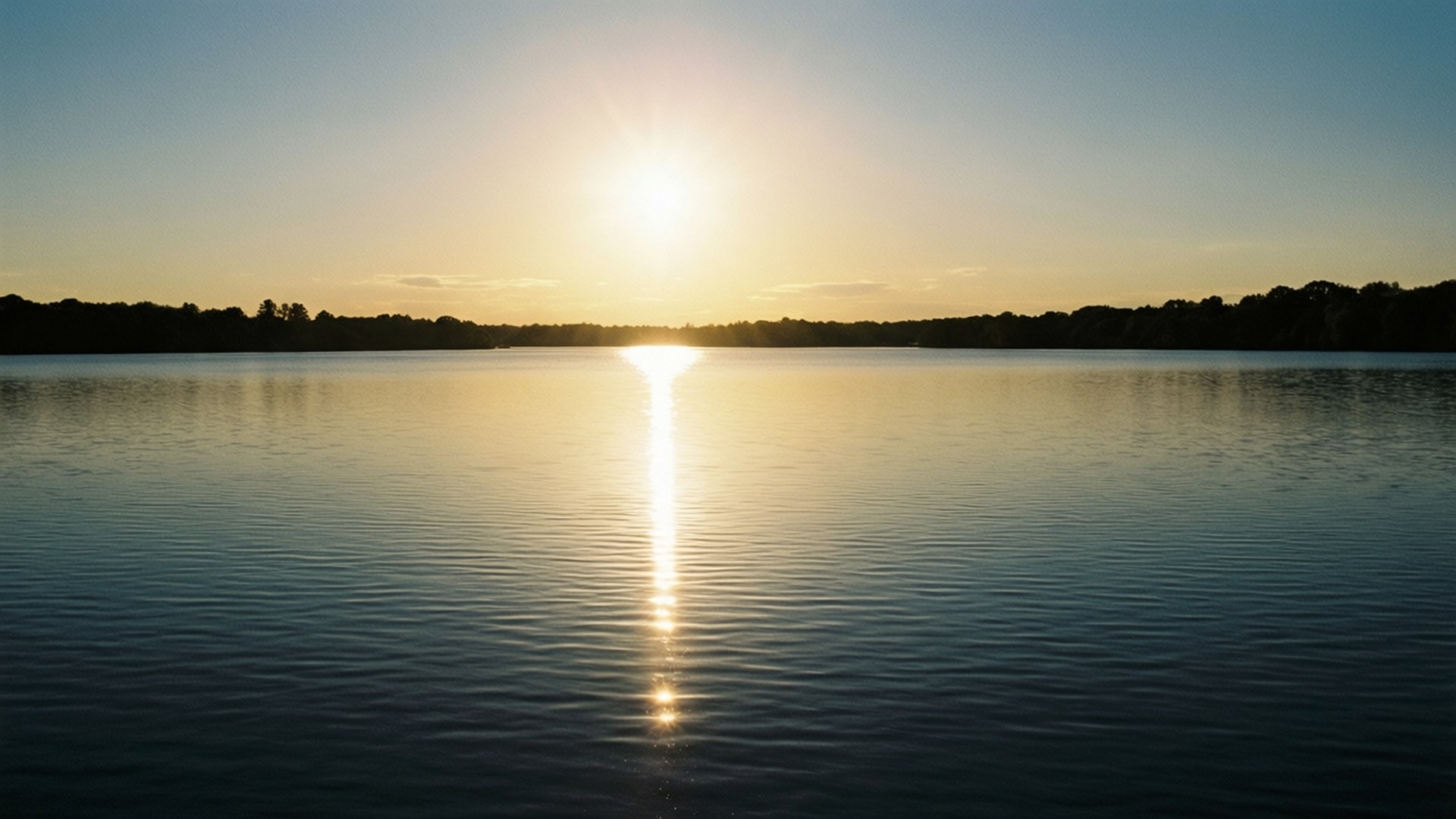 夕陽湖面閃光 壁紙 — 夕陽在平靜的湖面上投射出一條金色路徑，樹木環繞的地平線在晴朗的天空下。