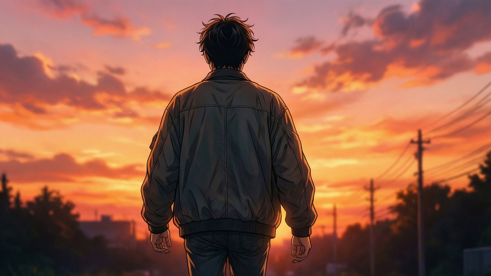 夕陽漫步 壁紙 — 一名身穿轟炸機夾克的年輕男子獨自站在日落時分，在充滿活力的橙色和粉紅色天空映襯下形成剪影，天空中有散落的雲彩。