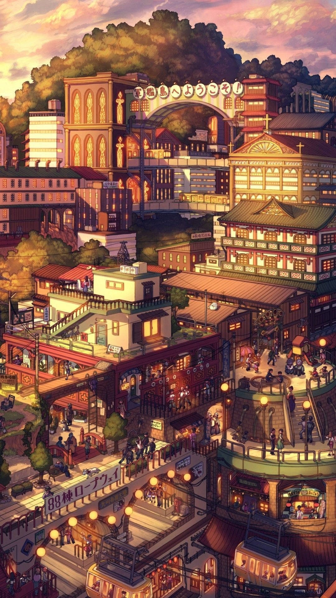日落時的動漫城市，發光的燈籠和擁擠的步道。