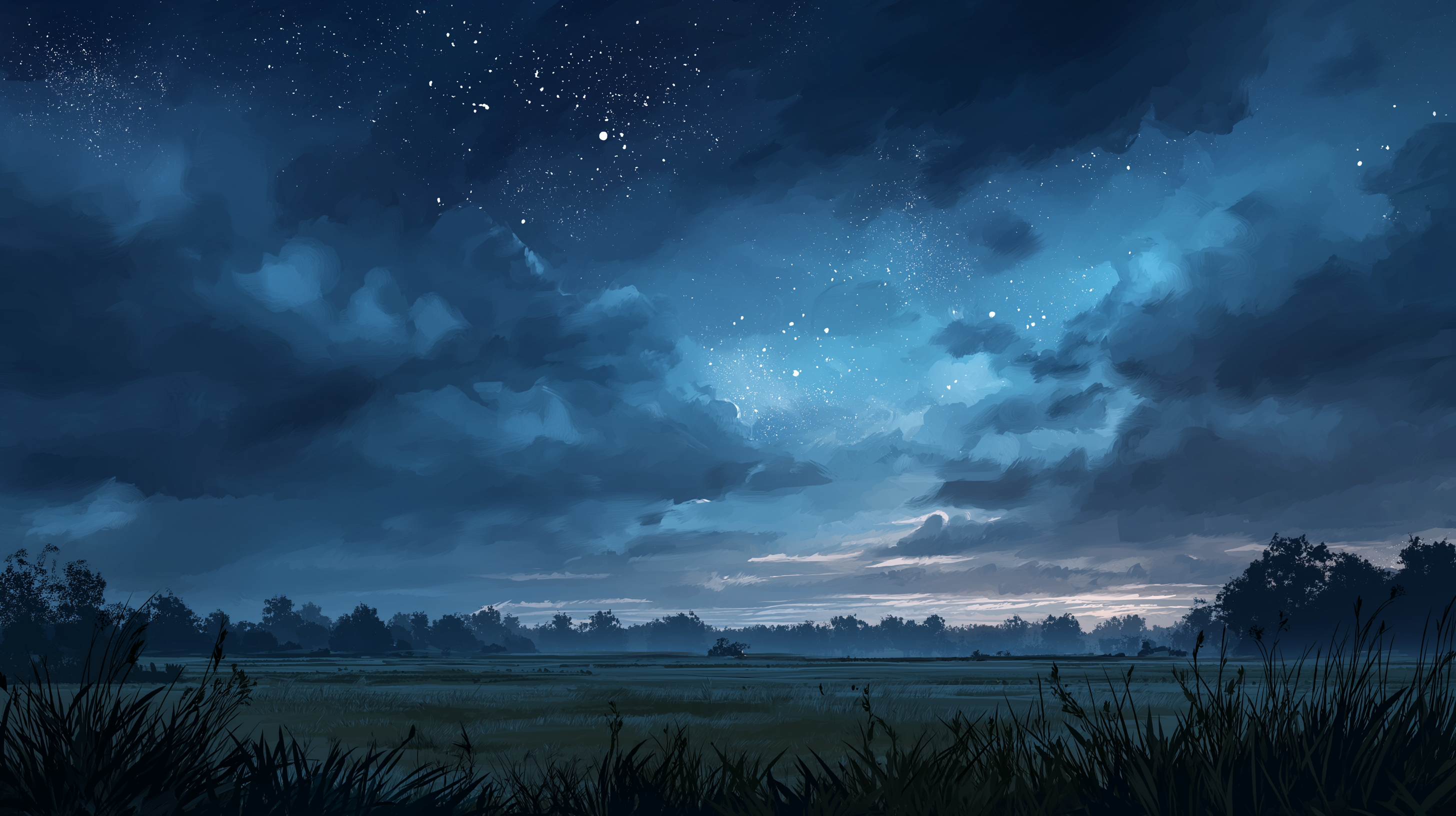 夕陽灑落青翠田野 壁紙 — 繁星點點的夜空，發光的藍色雲朵籠罩在霧氣瀰漫的田野上，樹木和長草形成剪影。