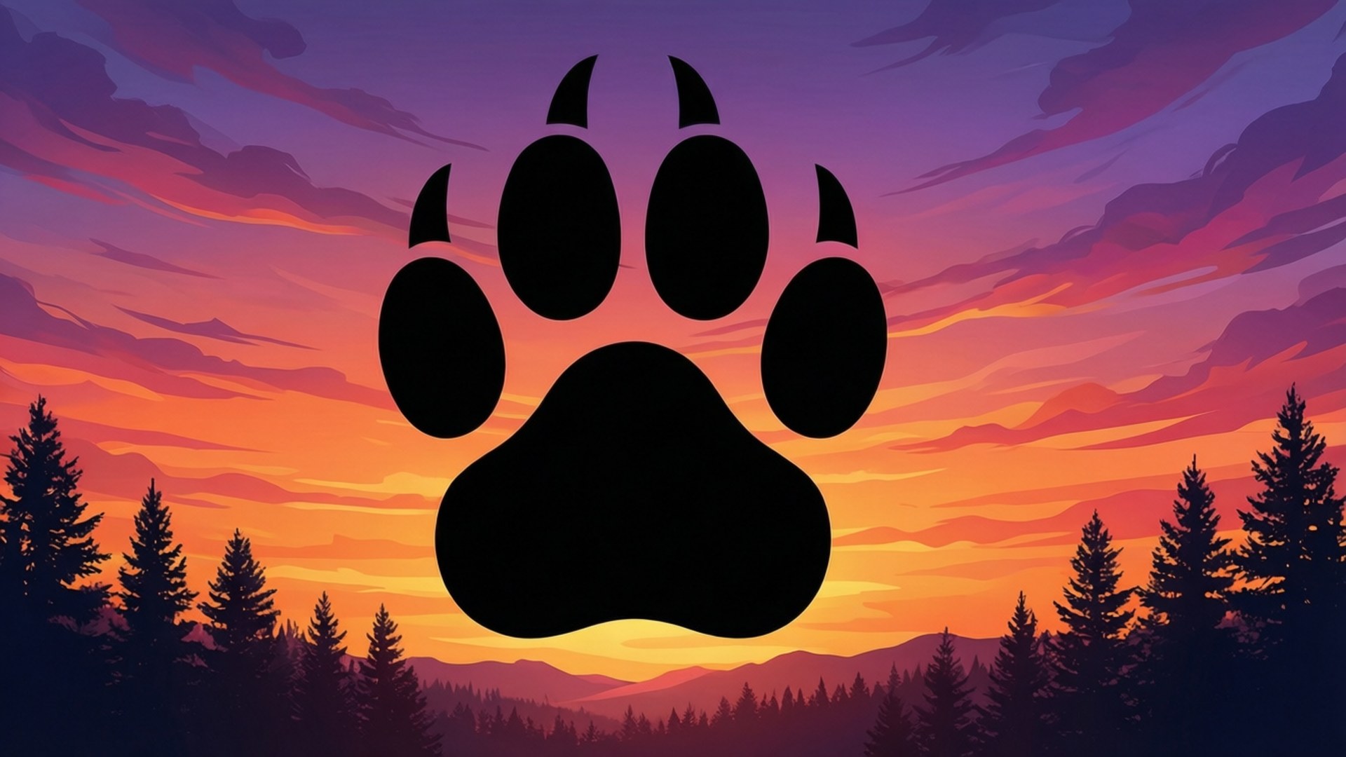黑色熊掌印剪影，背景為松樹和山脈上色彩繽紛的日落。