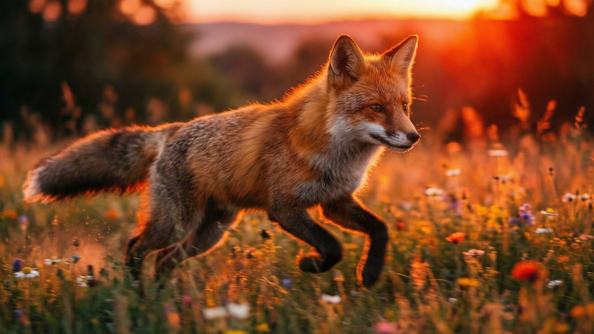 夕陽狐狸奔馳 壁紙 — 一隻紅狐在金色日落時分，穿過陽光明媚、開滿野花的草地奔跑。