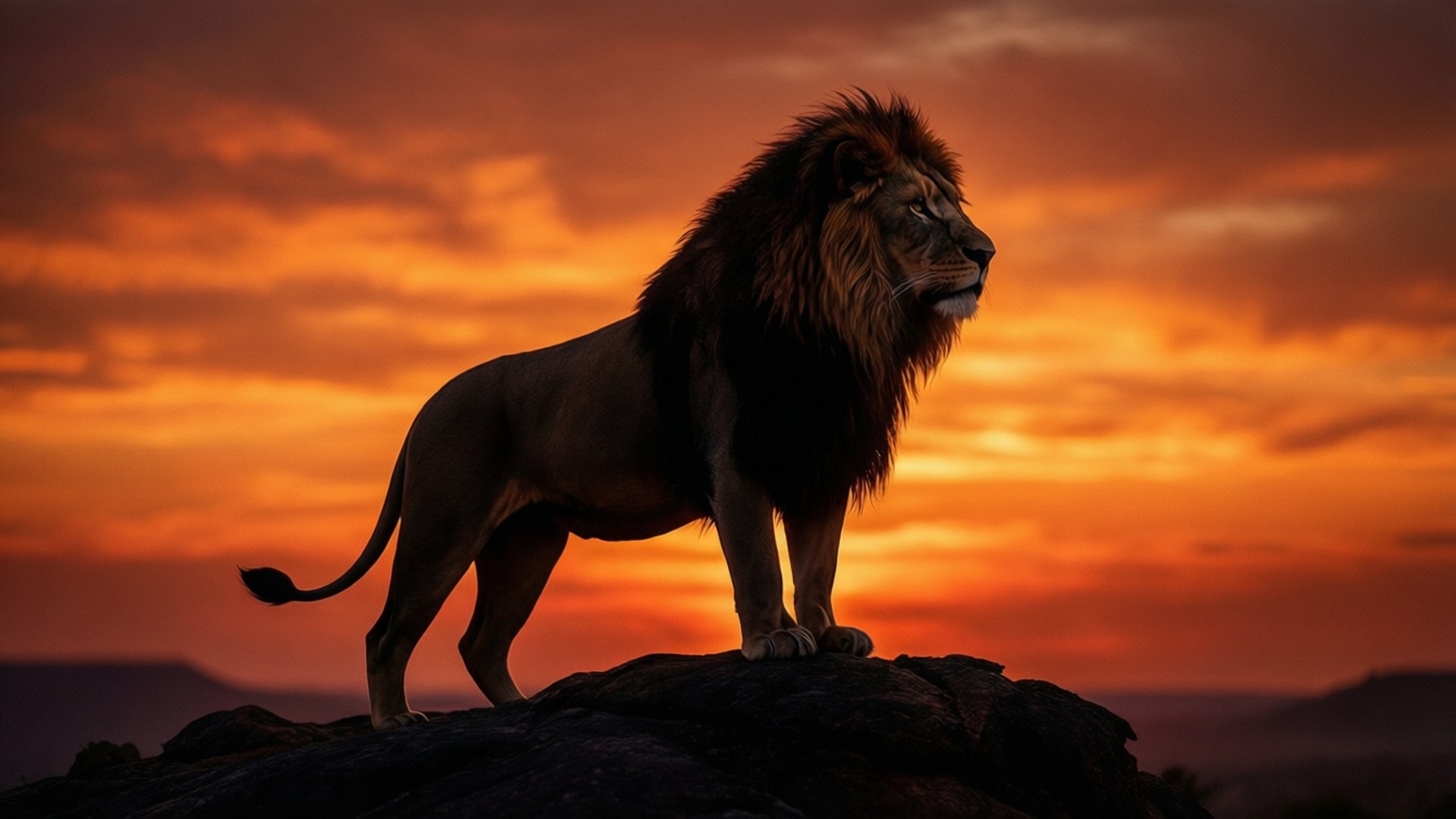夕陽獅影 壁紙 — 一頭雄偉的雄獅在岩石露頭上以剪影姿態站立，背景是火紅的橙色和紅色日落天空。
