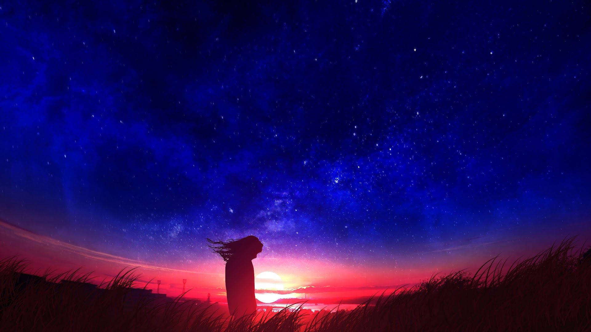一個人在高草中站立，在星光暮色天空下的剪影。