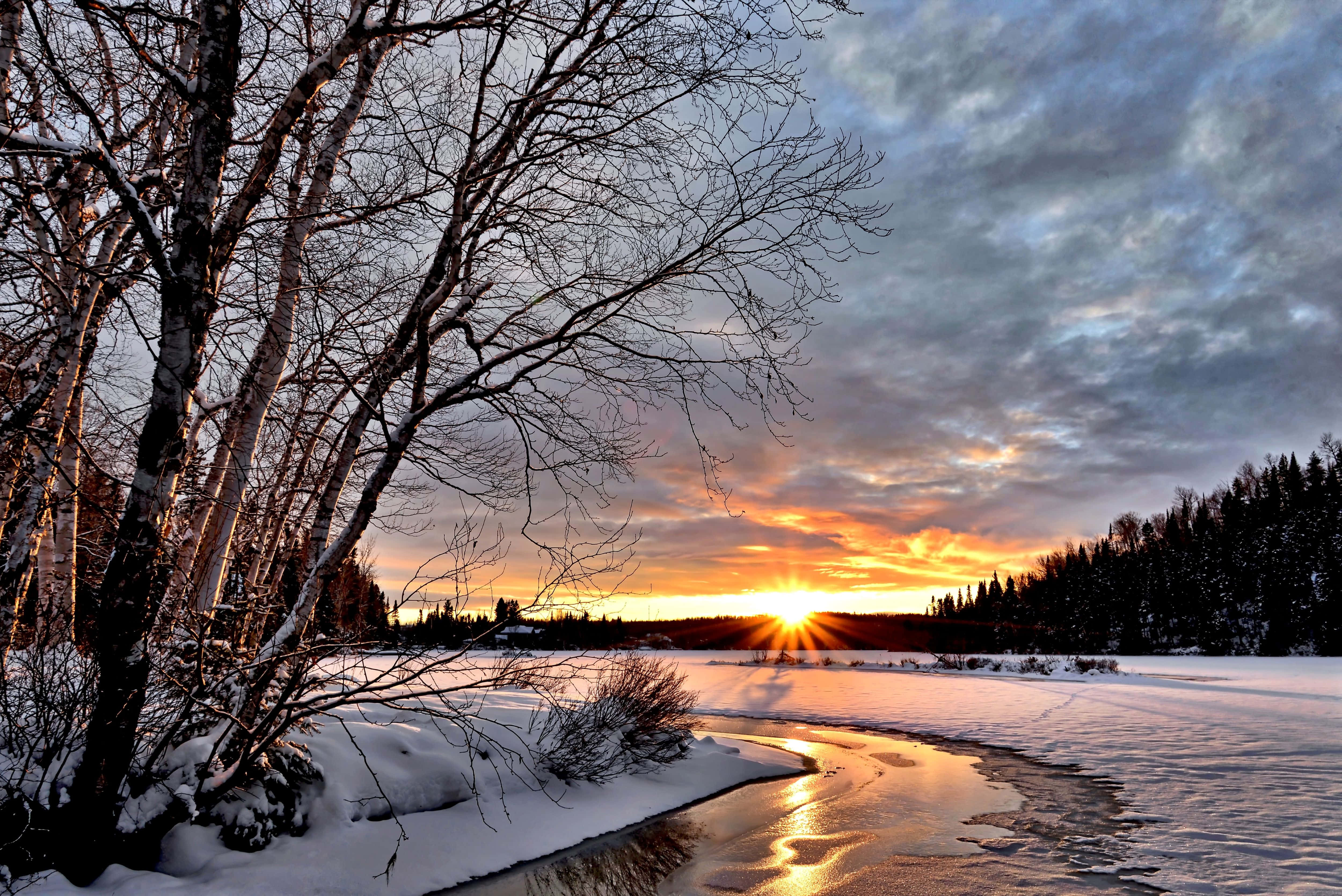 Winter Sunset 桌布 壁紙 — 夕陽穿過光禿的白樺樹枝，照耀在冰封的河流上，呈現出白雪皚皚的冬季景觀。