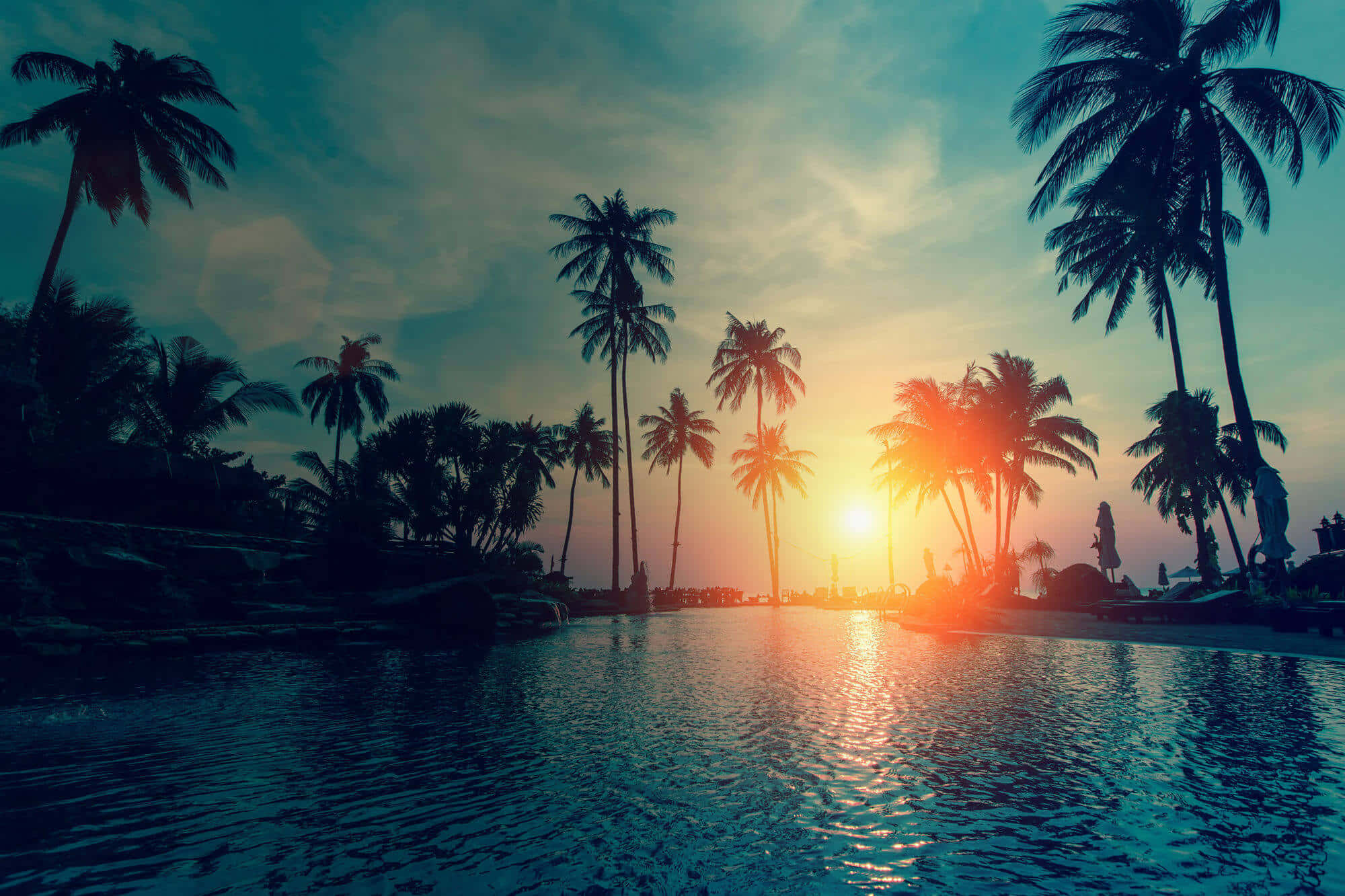 Beach Palm Trees 桌布 壁紙 — 夕陽穿過棕櫚樹的剪影，在寧靜的泳池上閃耀，映照出火熱的橙色和藍綠色天空。