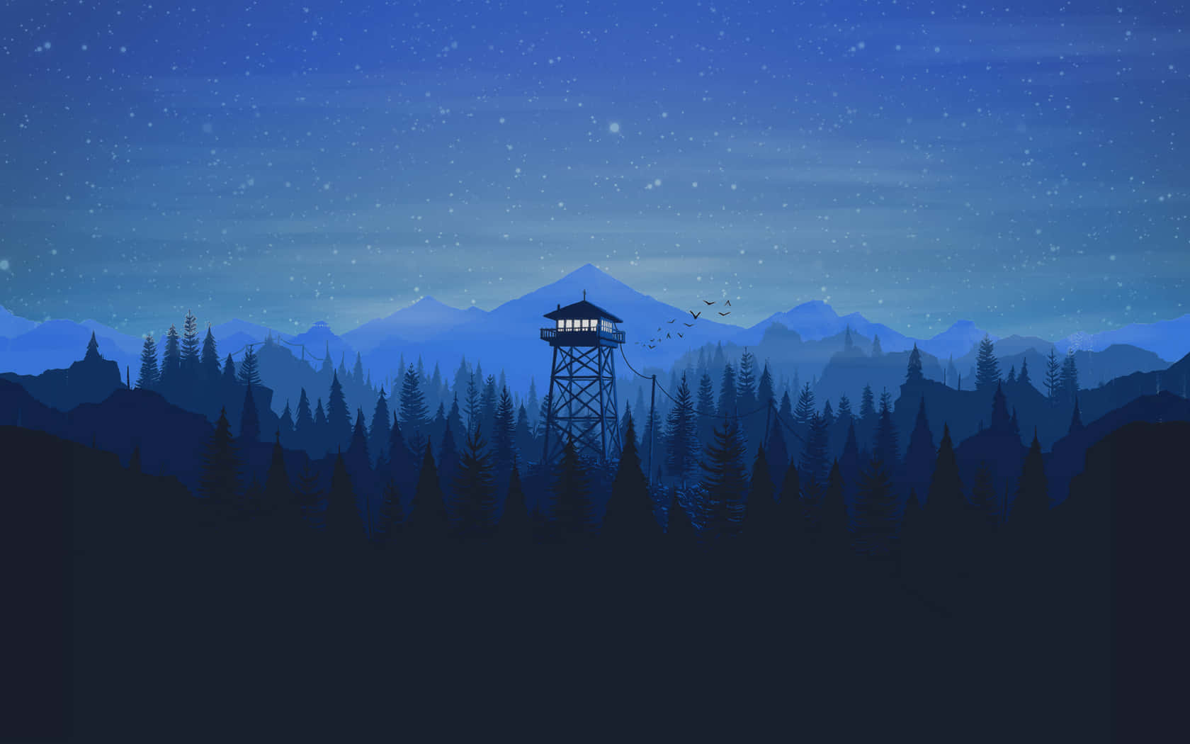 瞭望塔在夜晚的星空森林中發光，背景有山脈。