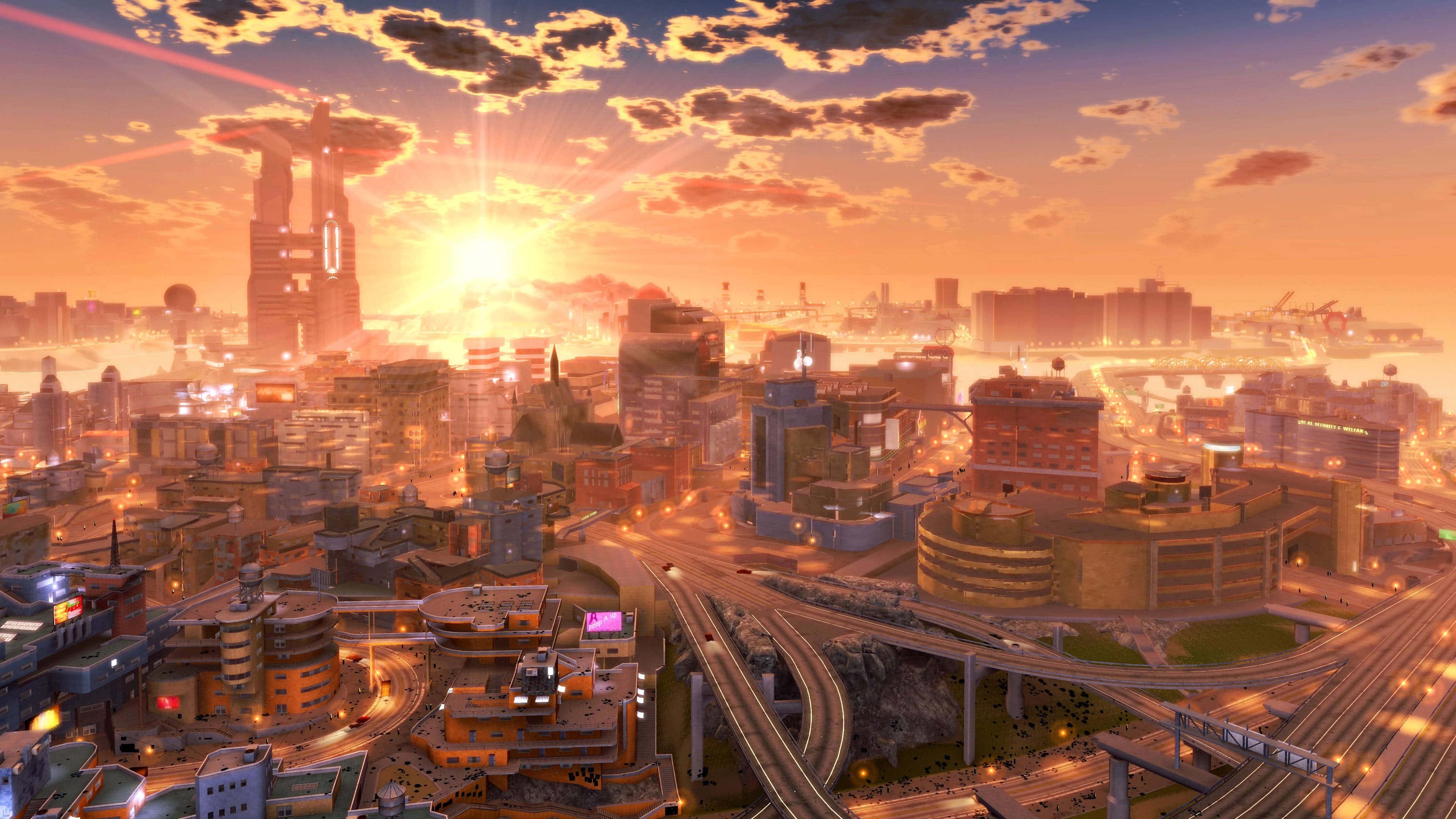 夕陽背景下的城市 壁紙