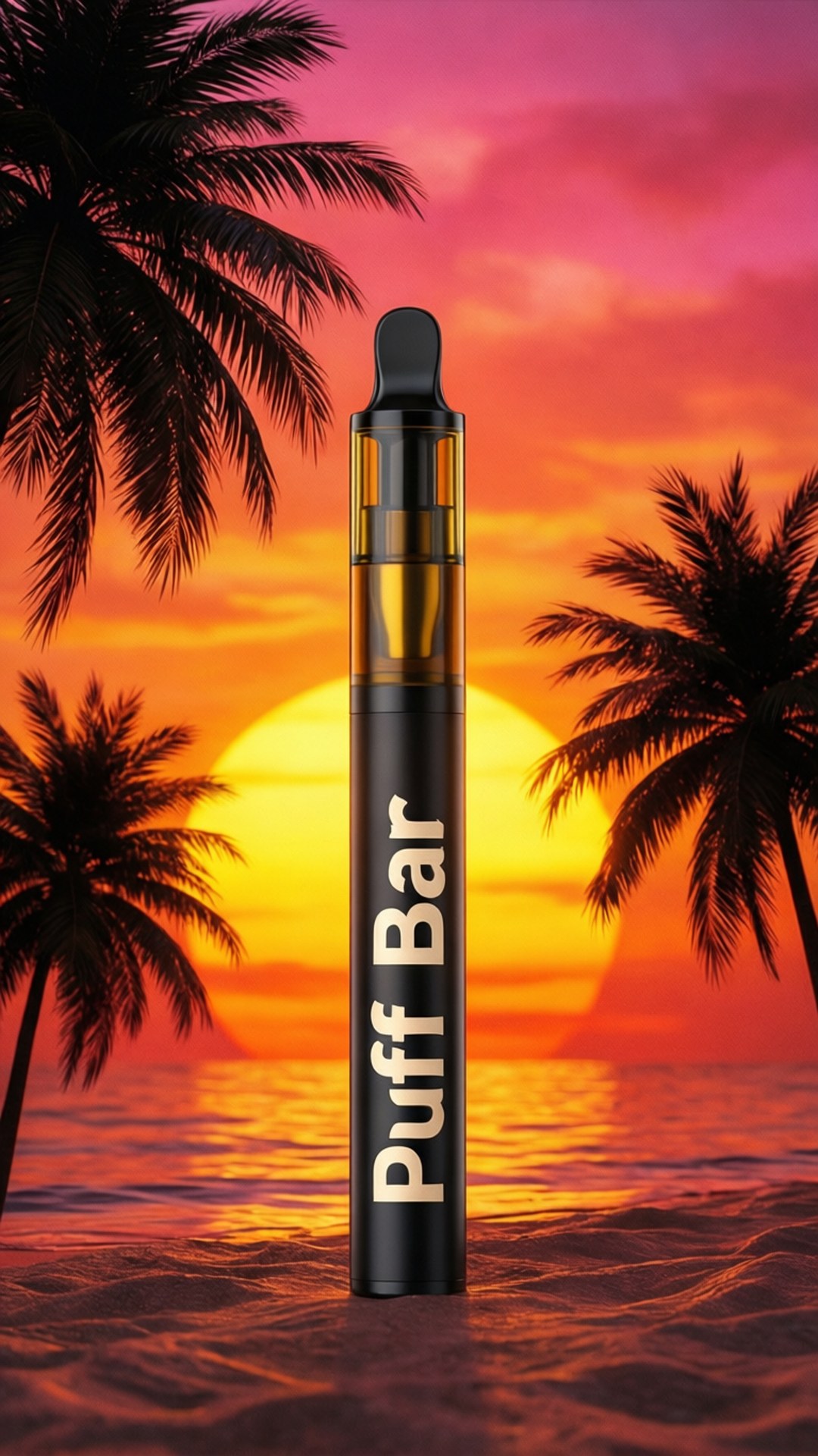 夕陽花園 Puff 壁紙 — 一支黑色Puff Bar電子煙筆直立於沙灘沙地上，棕櫚樹剪影襯托著海洋上 vibrant 的橙色和粉紅色日落。
