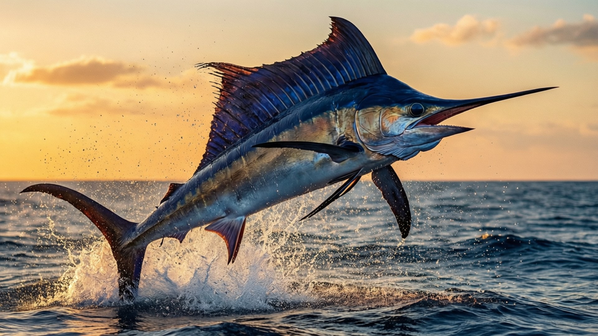 夕陽躍出的藍鰡 壁紙 — 一條雄偉的旗魚在日落時從海洋中躍起，魚鰭完全展開，水花四濺。
