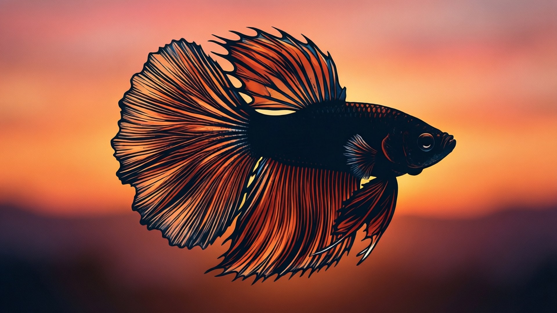 黑色鬥魚帶橙色魚鰭在日落色的水中游泳