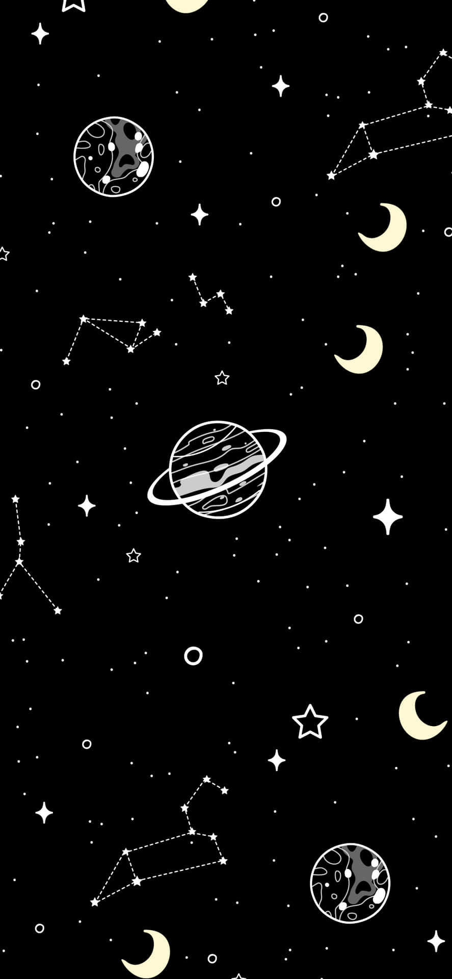 黑色背景上的天體圖案，包含星星、月亮和行星