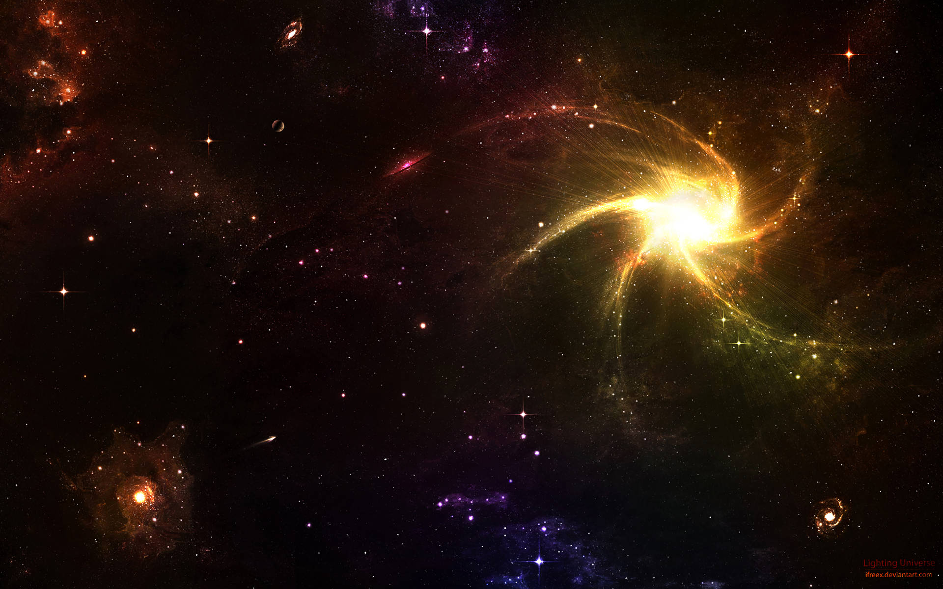 一個發光的宇宙星雲，在深空中帶有旋轉的色彩和散落的星星。