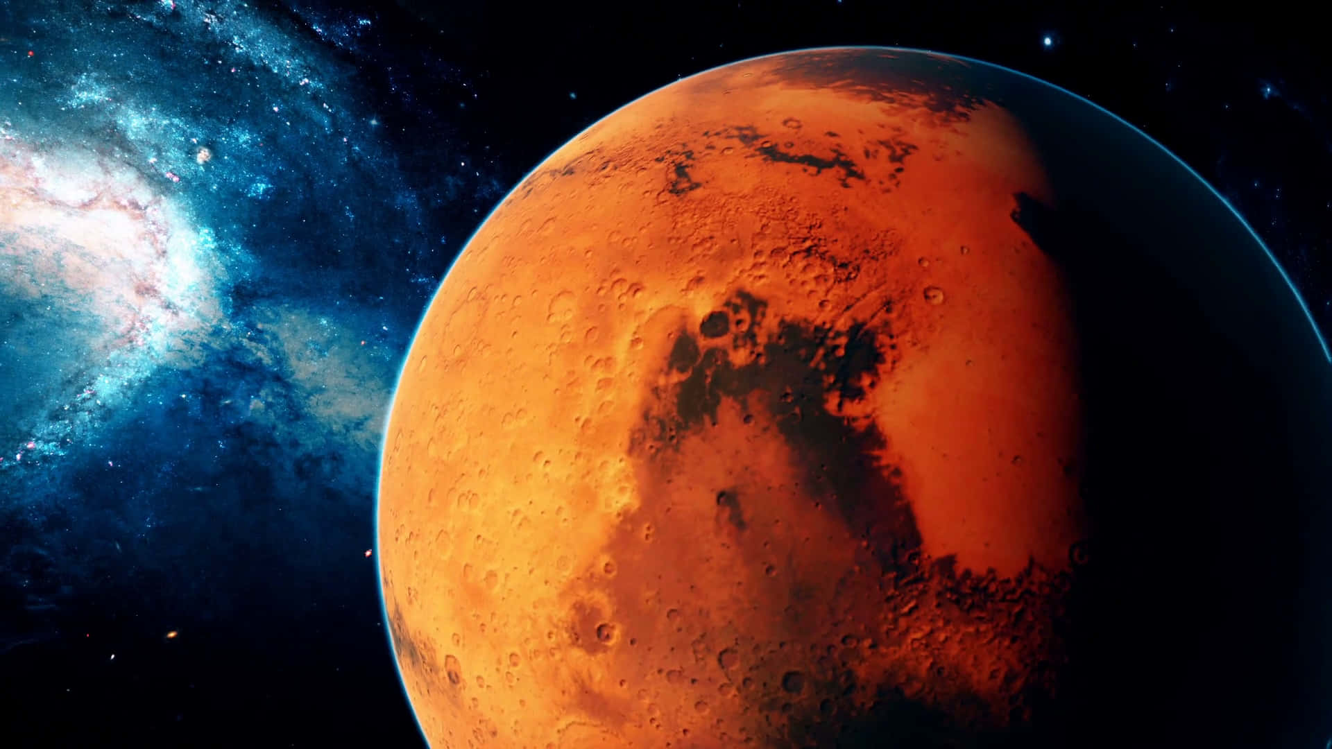 火星行星，表面有隕石坑，旁邊是太空中發光的藍色星系。