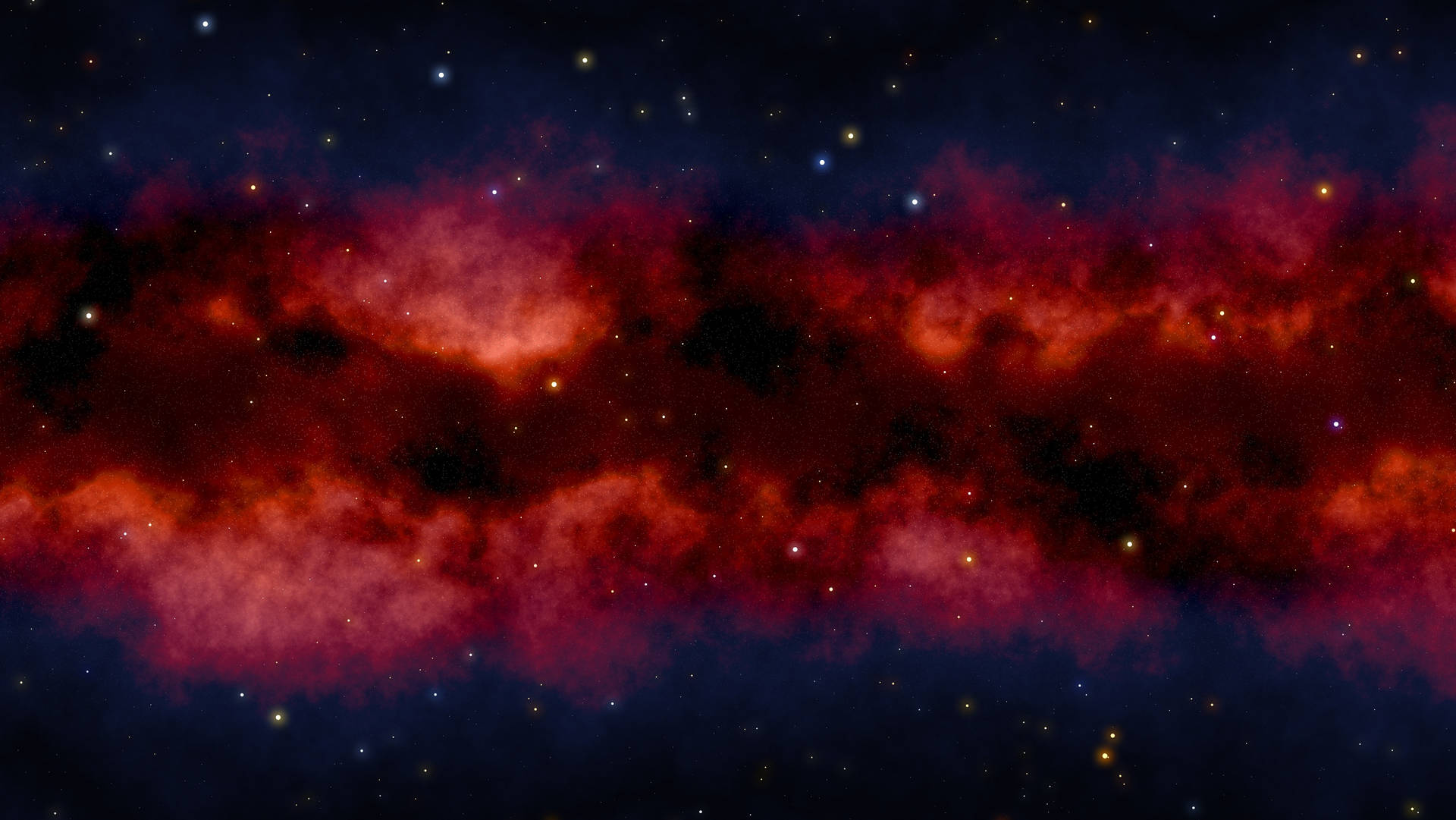 在深藍色宇宙天空中，發光的紅色和紫色星雲，點綴著散落的星星。
